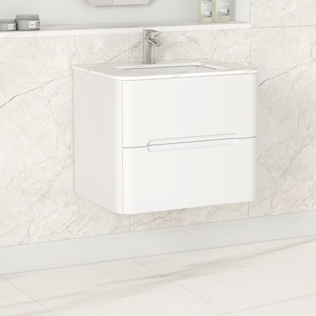Venice Satin White 2 Drawer Wall Hung Vanity Unit with Carrara White Top