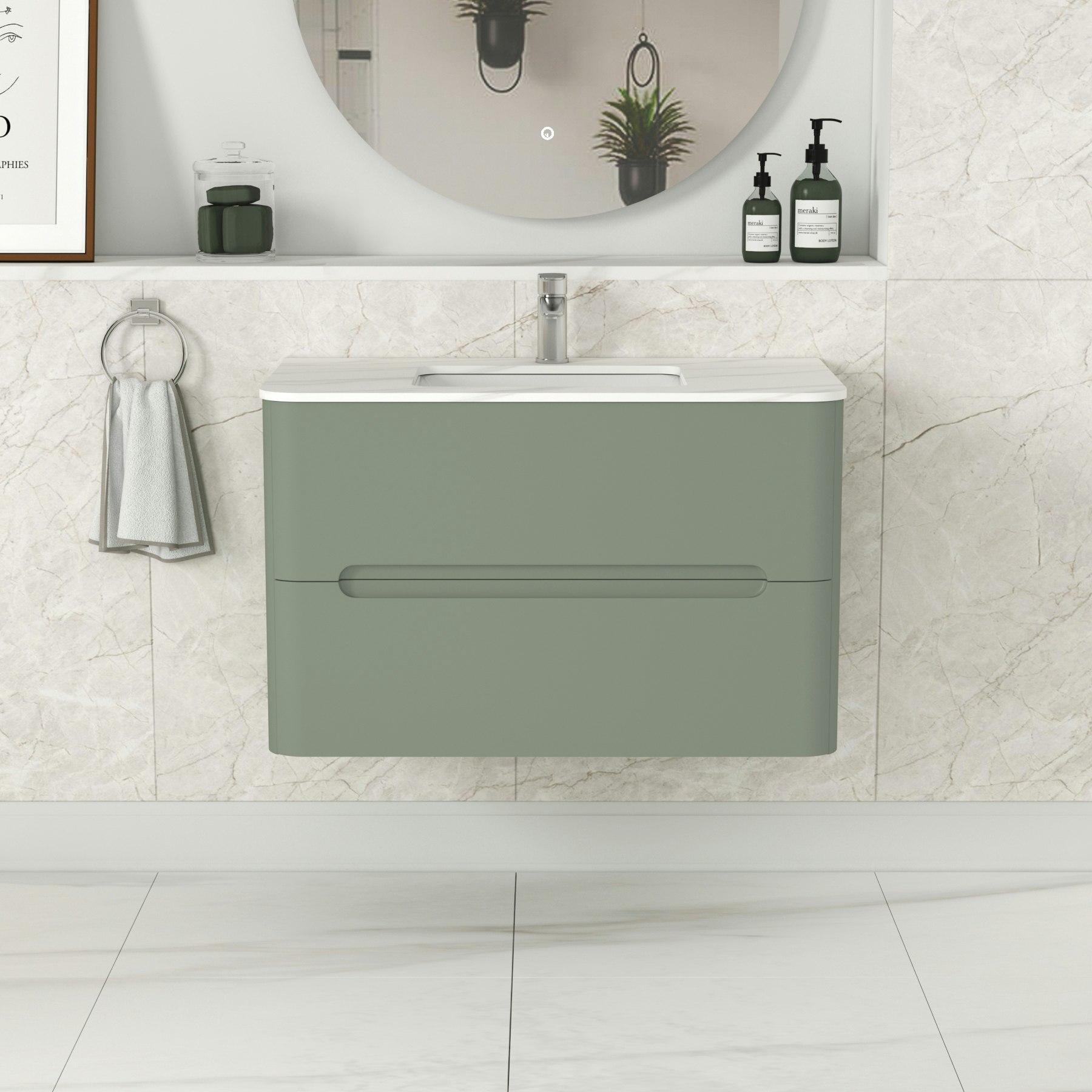 Venice 800mm Satin Green Wall Hung Vanity Unit 2 Drawer with Carrara White Top