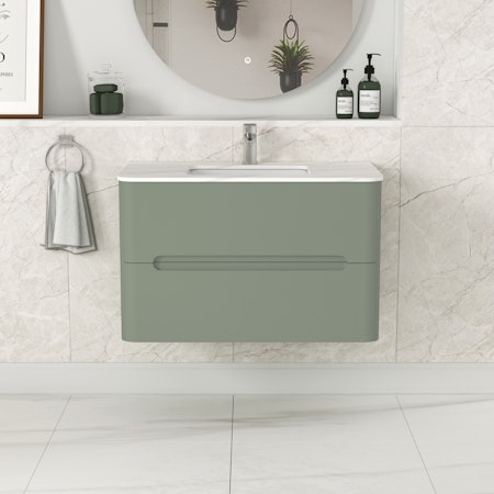 Venice 800mm Satin Green Wall Hung Vanity Unit 2 Drawer with Carrara Marble Top