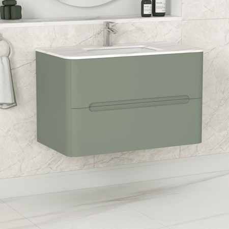 Venice Satin Green 2 Drawer Wall Hung Vanity Unit with Carrara White Top
