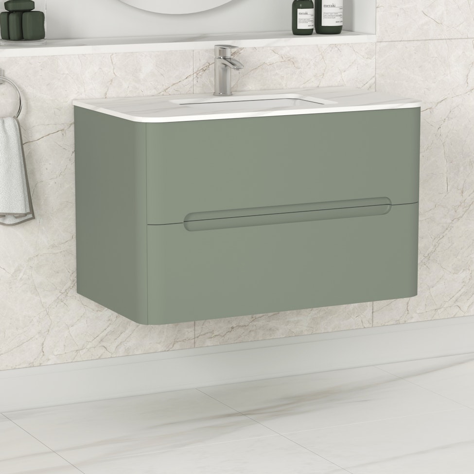 Venice 800mm Satin Green Wall Hung Vanity Unit 2 Drawer with Carrara White Top