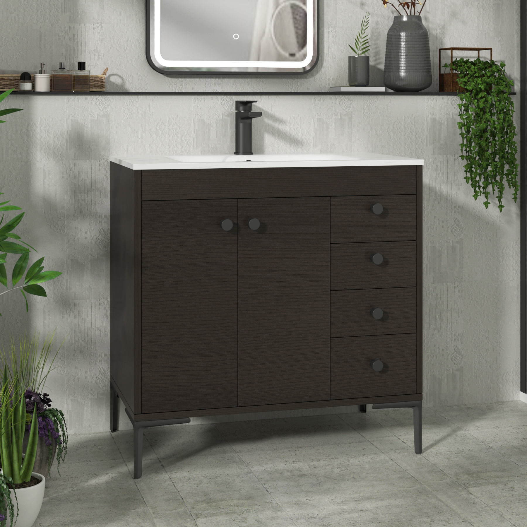 Verona 800mm Walnut Woodgrain Floor Standing Vanity Unit 2 Door & 4 Drawer Cabinet with Optional Basin & Knob