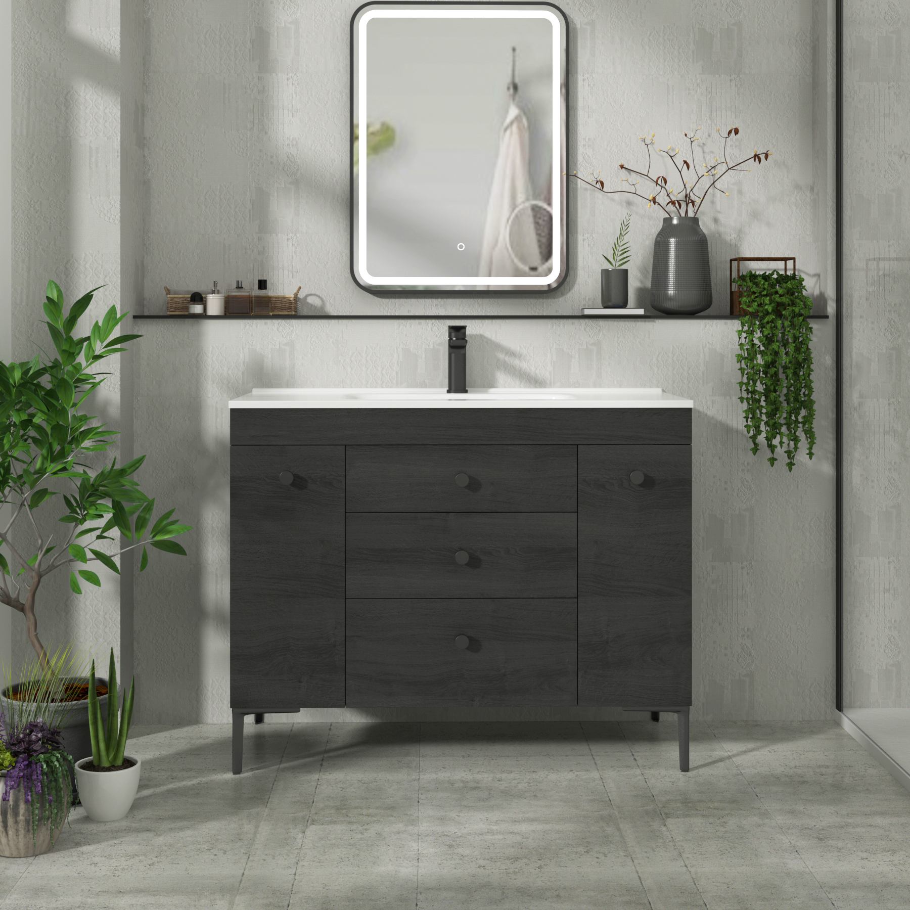 Verona 1000mm Black Woodgrain  Floor Standing Vanity Unit 3 Drawer & Dual Side Pull Out Storage with Ceramic Basin & Knob