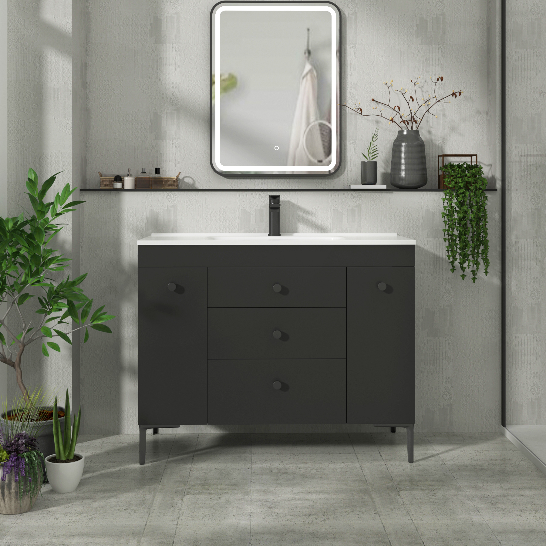 Verona 1000mm Matt Black Floor Standing Vanity Unit 3 Drawer & Dual Side Pull Out Storage with Ceramic Basin & Knob