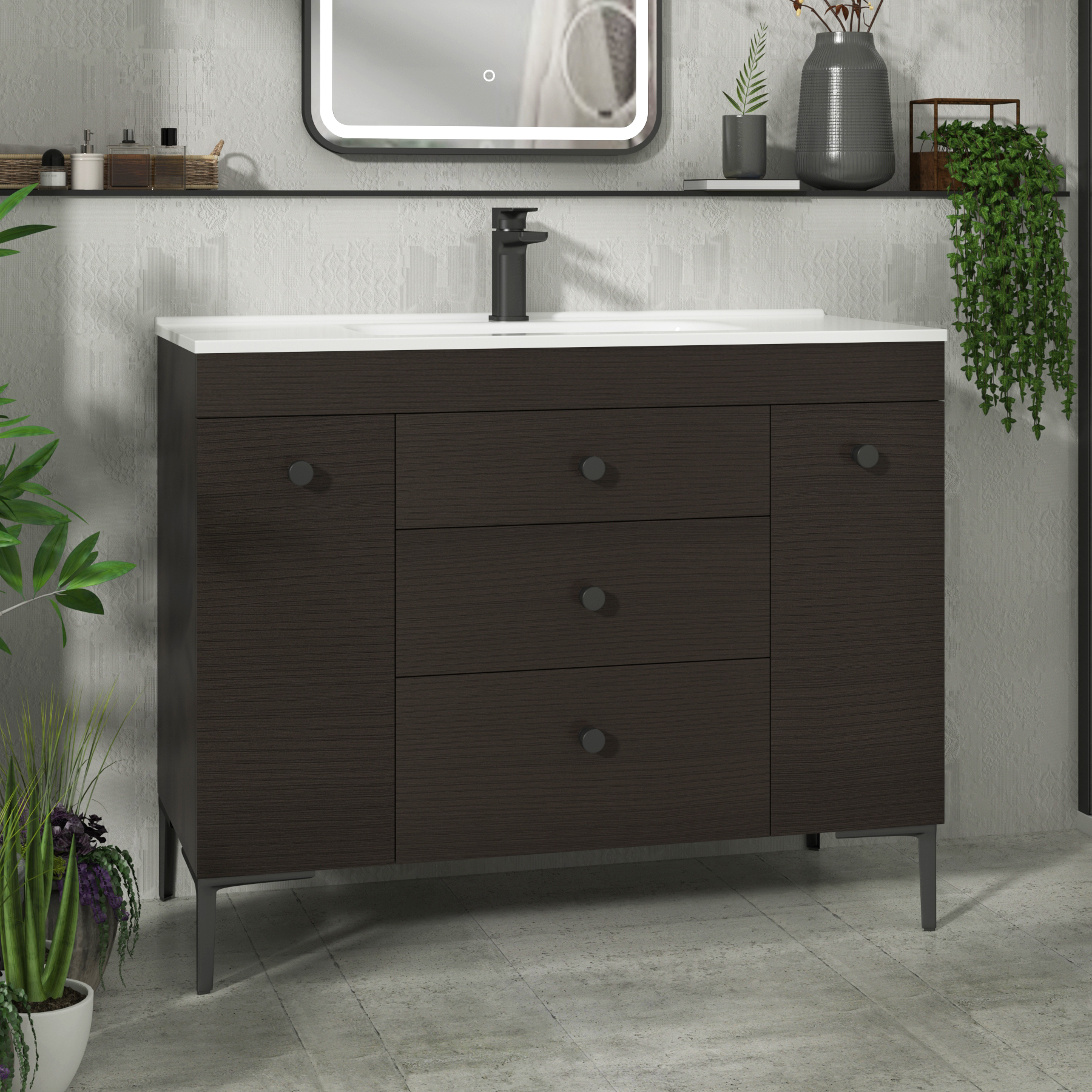 Verona 1000mm Walnut Woodgrain Floor Standing Vanity Unit 3 Drawer & Dual Side Pull Out Storage with Ceramic Basin & Knob