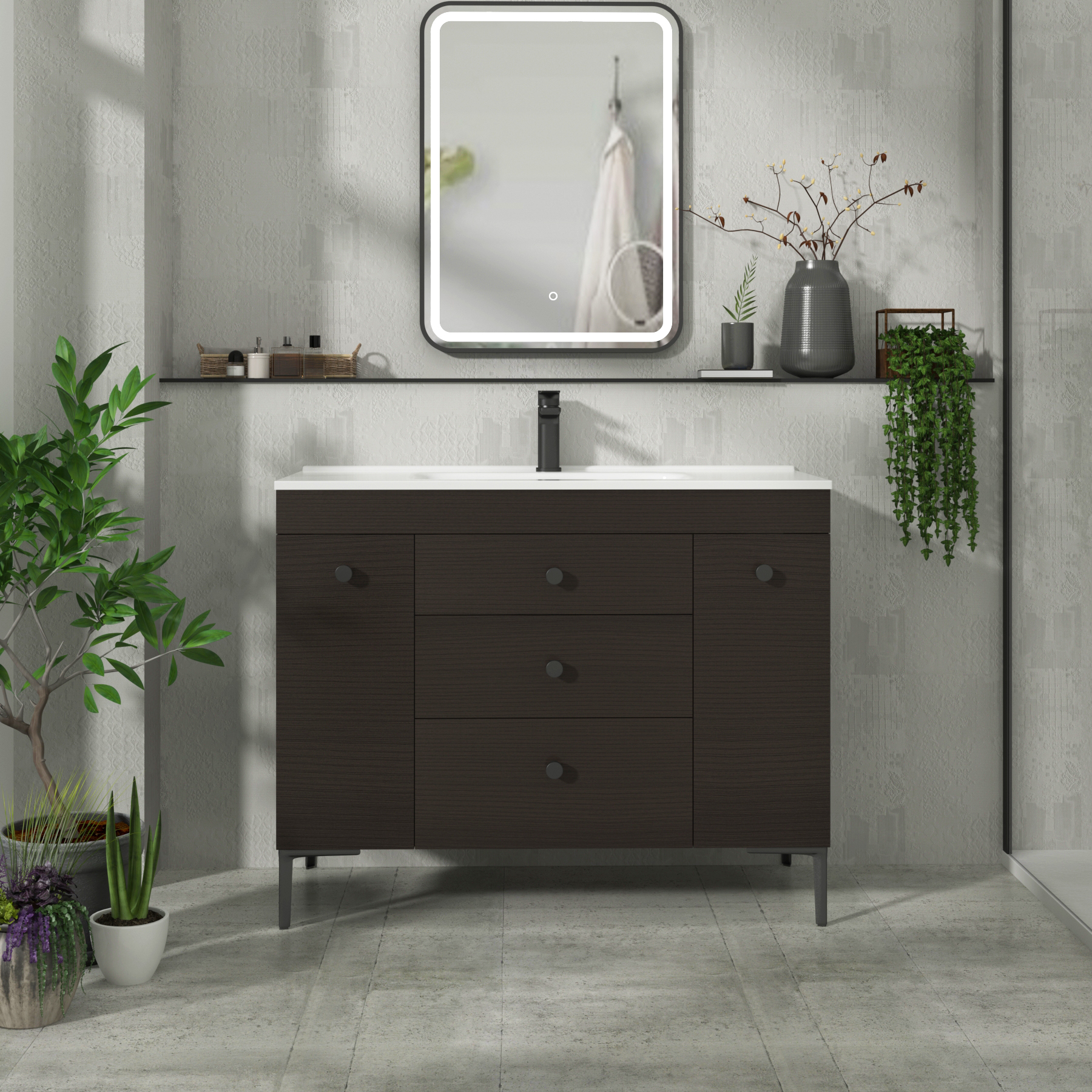 Verona 1000mm Walnut Woodgrain Floor Standing Vanity Unit 3 Drawer & Dual Side Pull Out Storage with Ceramic Basin & Knob