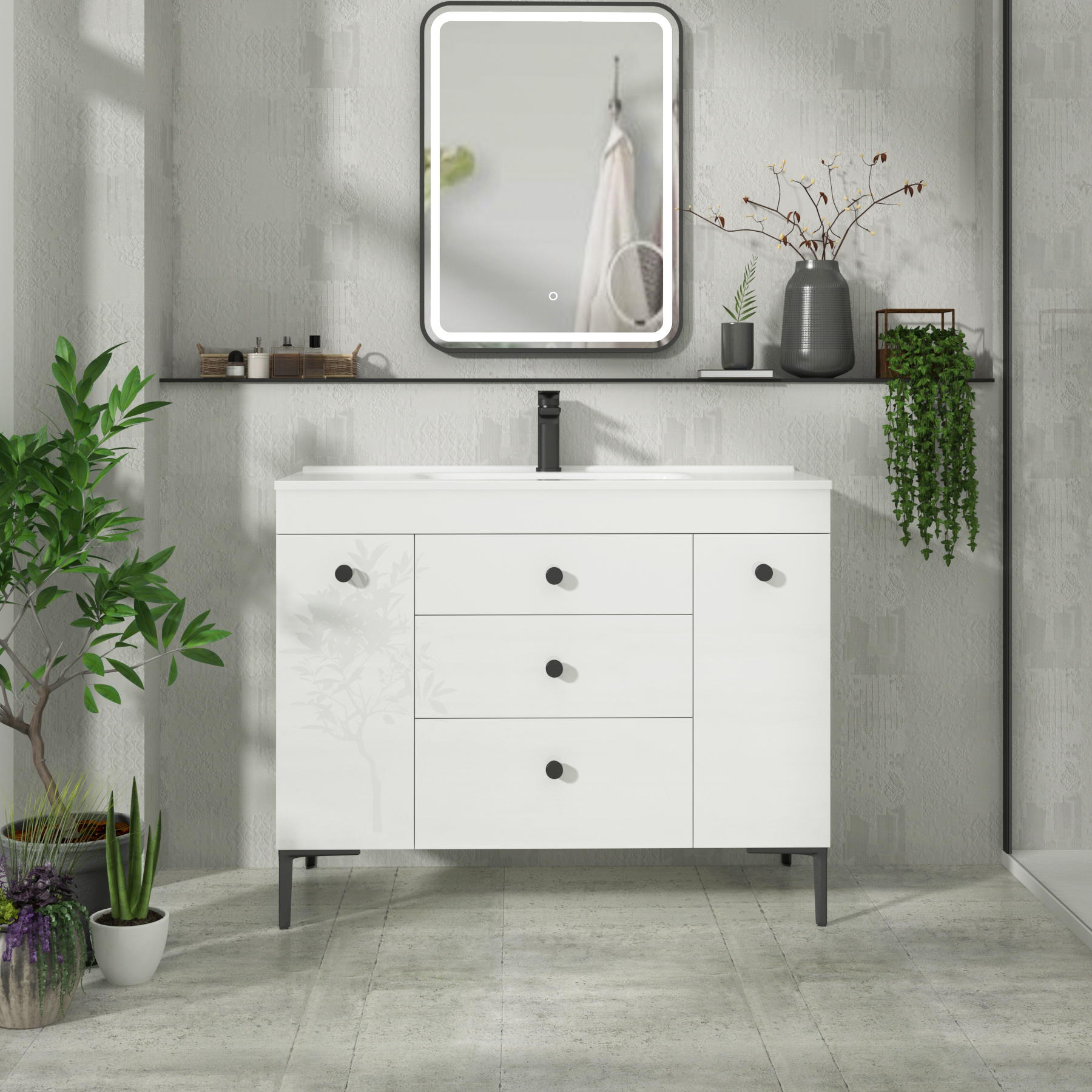Verona 1000mm Gloss White Floor Standing Vanity Unit 3 Drawer & Dual Side Pull Out Storage with Ceramic Basin & Knob