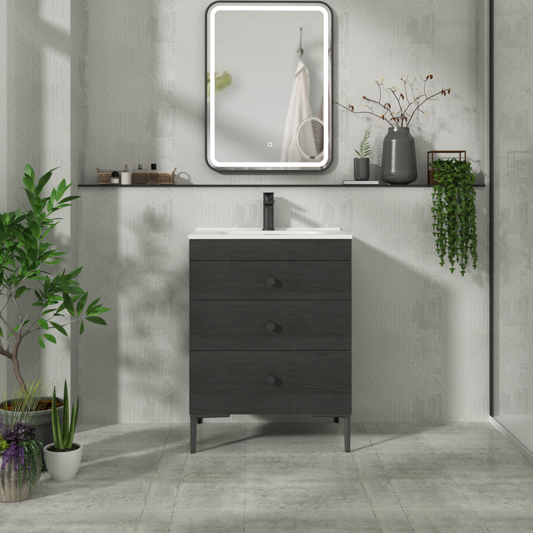 Verona 600mm Black Woodgrain Floor Standing 3 Drawer Vanity Unit with Optional Basin & Knob