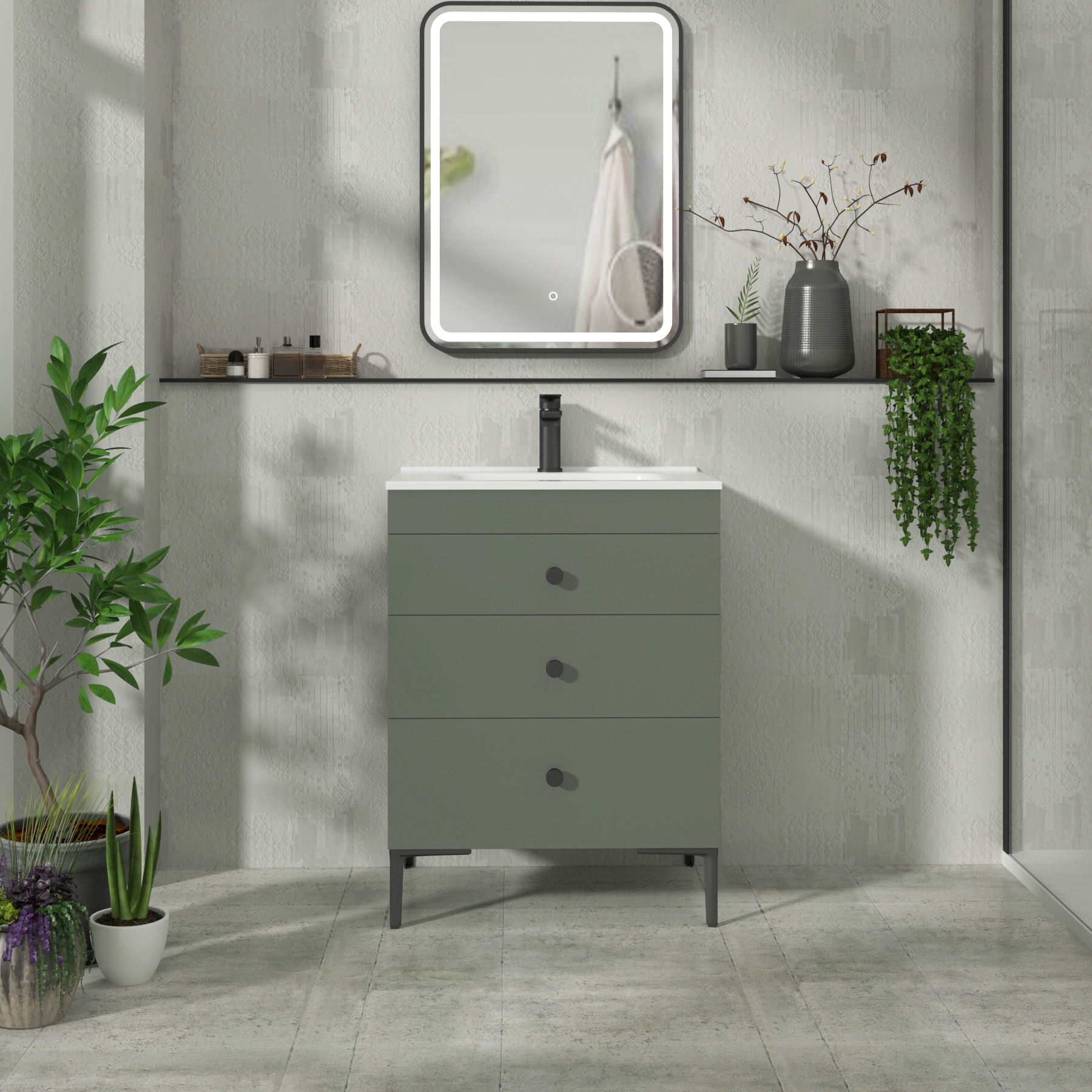 Verona 600mm Matt Green Floor Standing 3 Drawer Vanity Unit with Optional Basin & Knob
