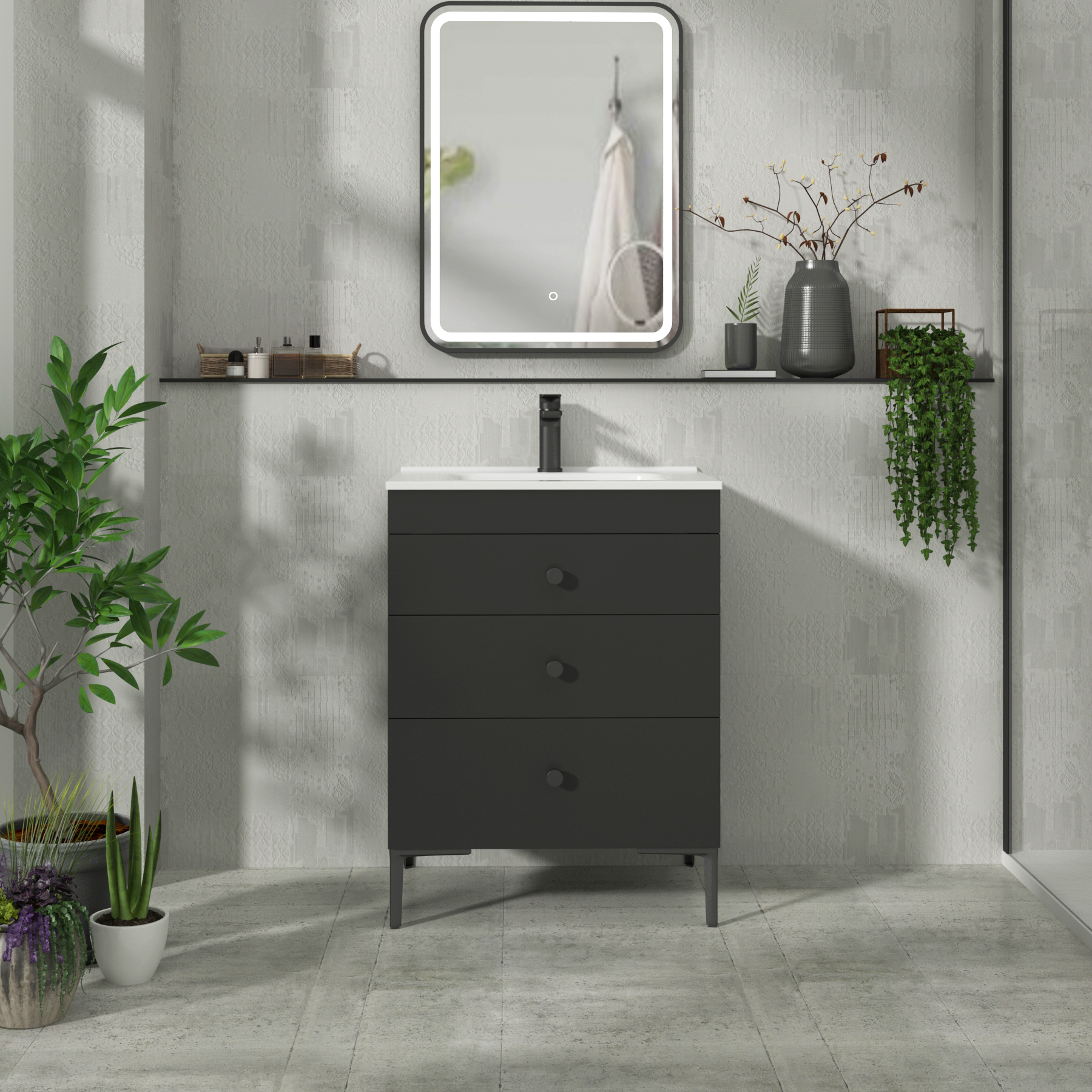 Verona 600mm Matt Black Floor Standing 3 Drawer Vanity Unit with Optional Basin & Knob