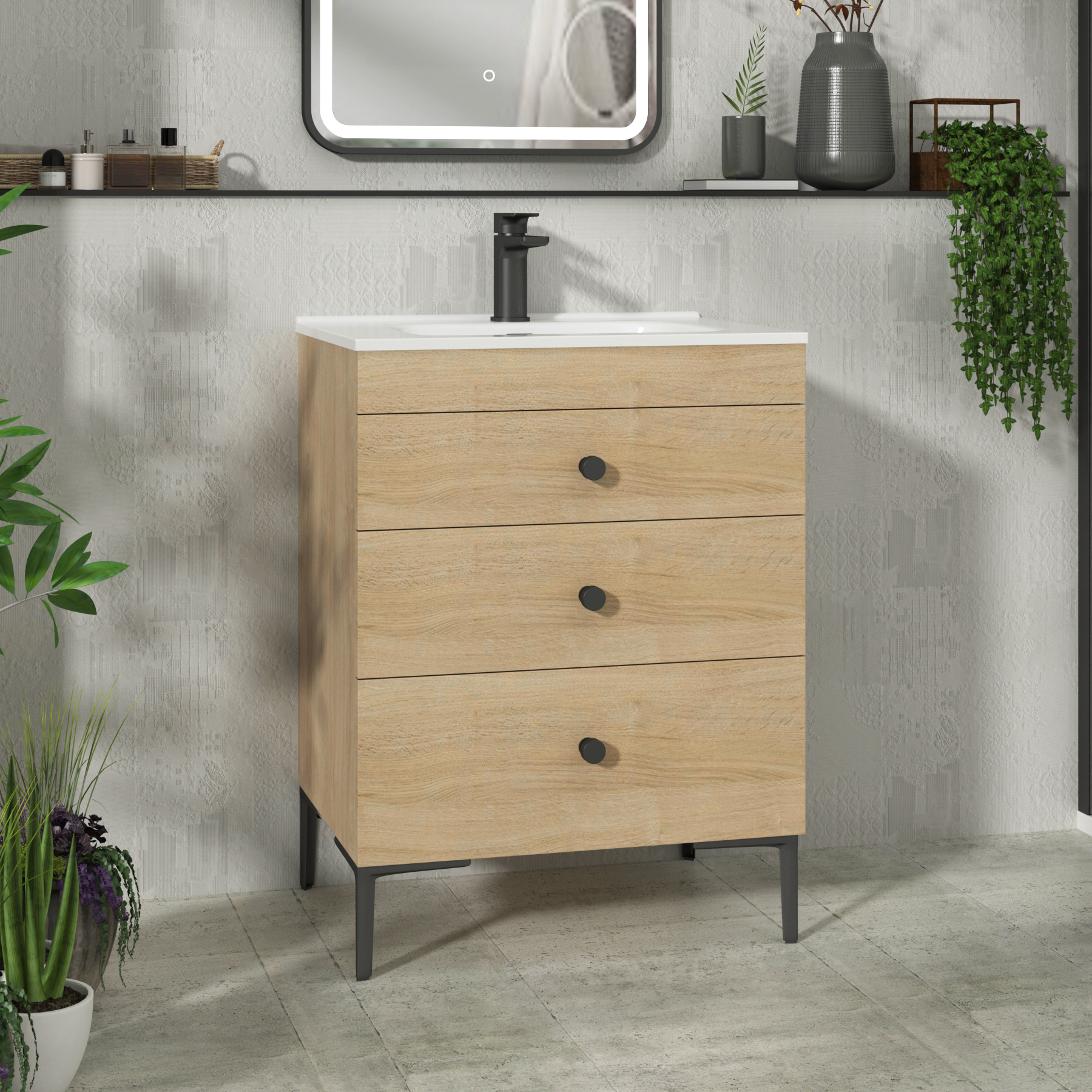 Verona 600mm Natural Oak Floor Standing 3 Drawer Vanity Unit with Optional Basin & Knob