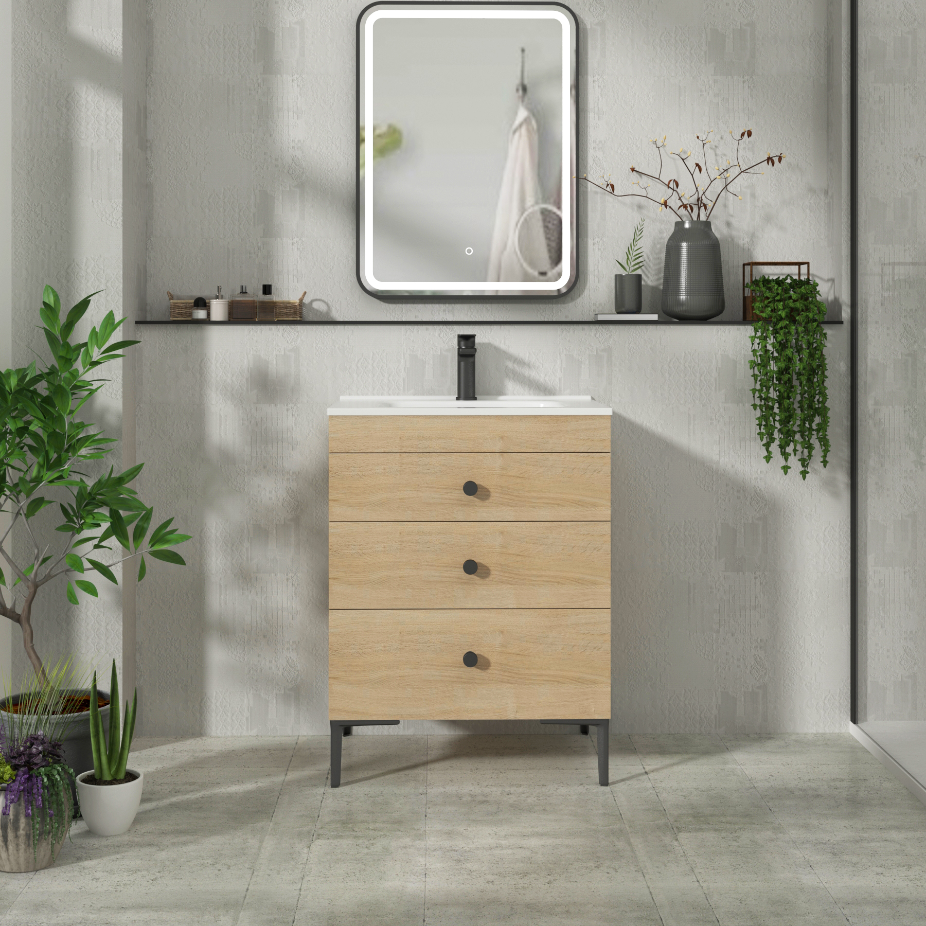Verona 600mm Natural Oak Floor Standing 3 Drawer Vanity Unit with Optional Basin & Knob