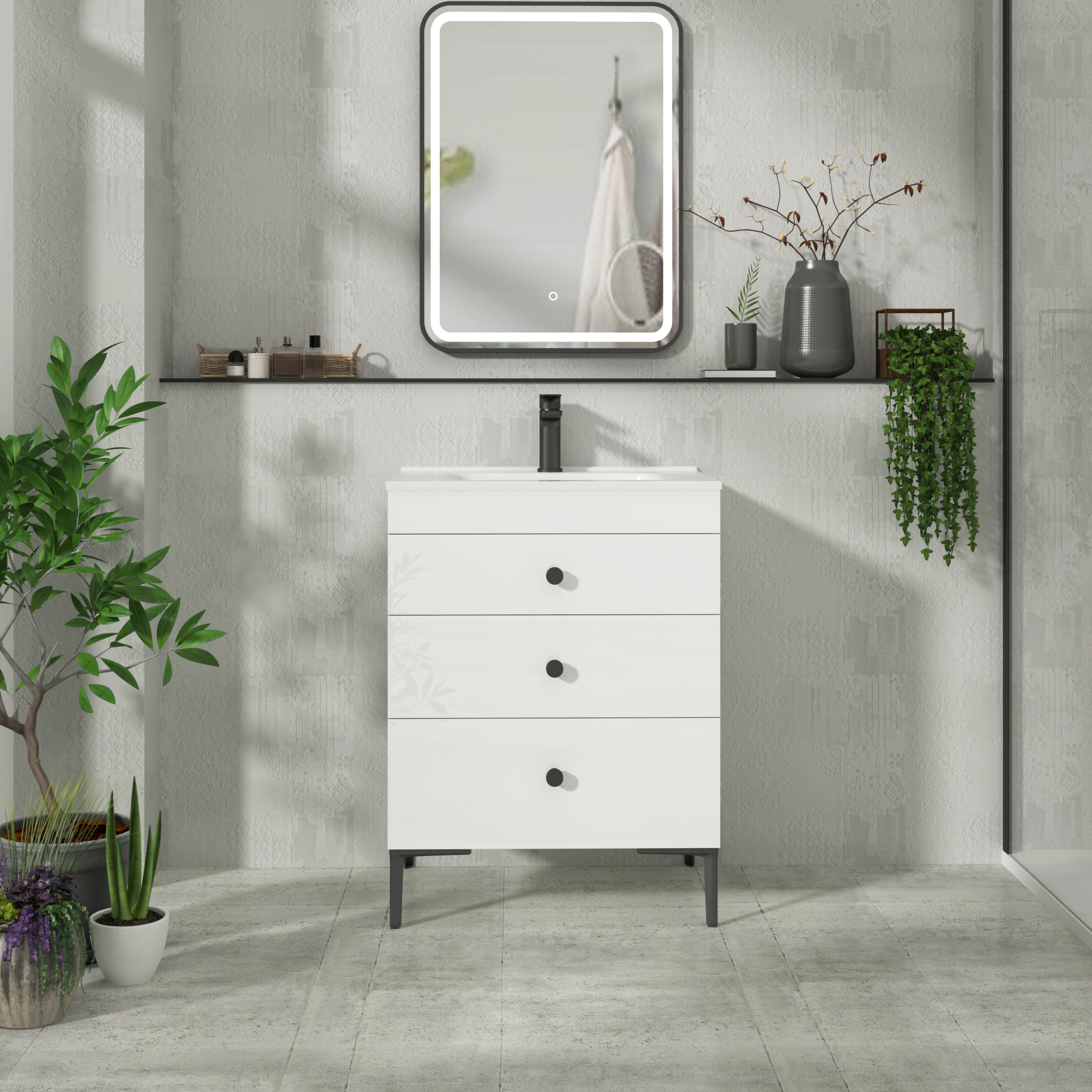 Verona 600mm Gloss White Floor Standing 3 Drawer Vanity Unit with Optional Basin & Knob