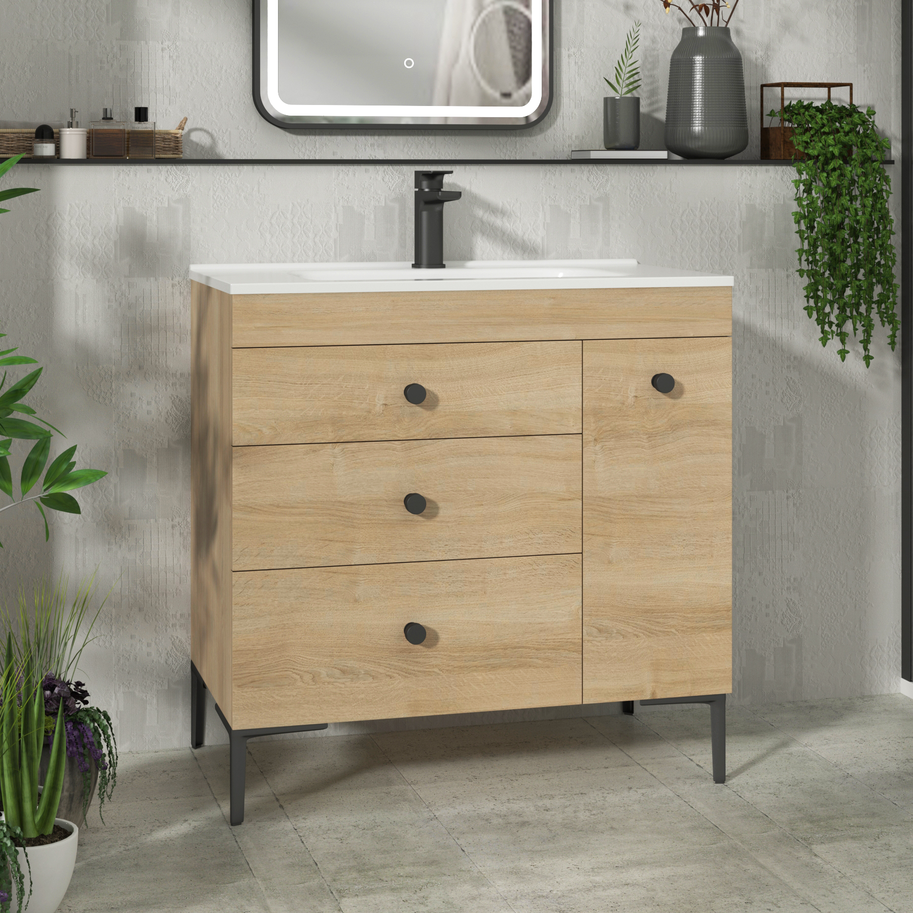 Verona 800mm Natural Oak Floor Standing Vanity Unit 3 Drawer & Side Pull Out Storage with Optional Basin & Various Knobs