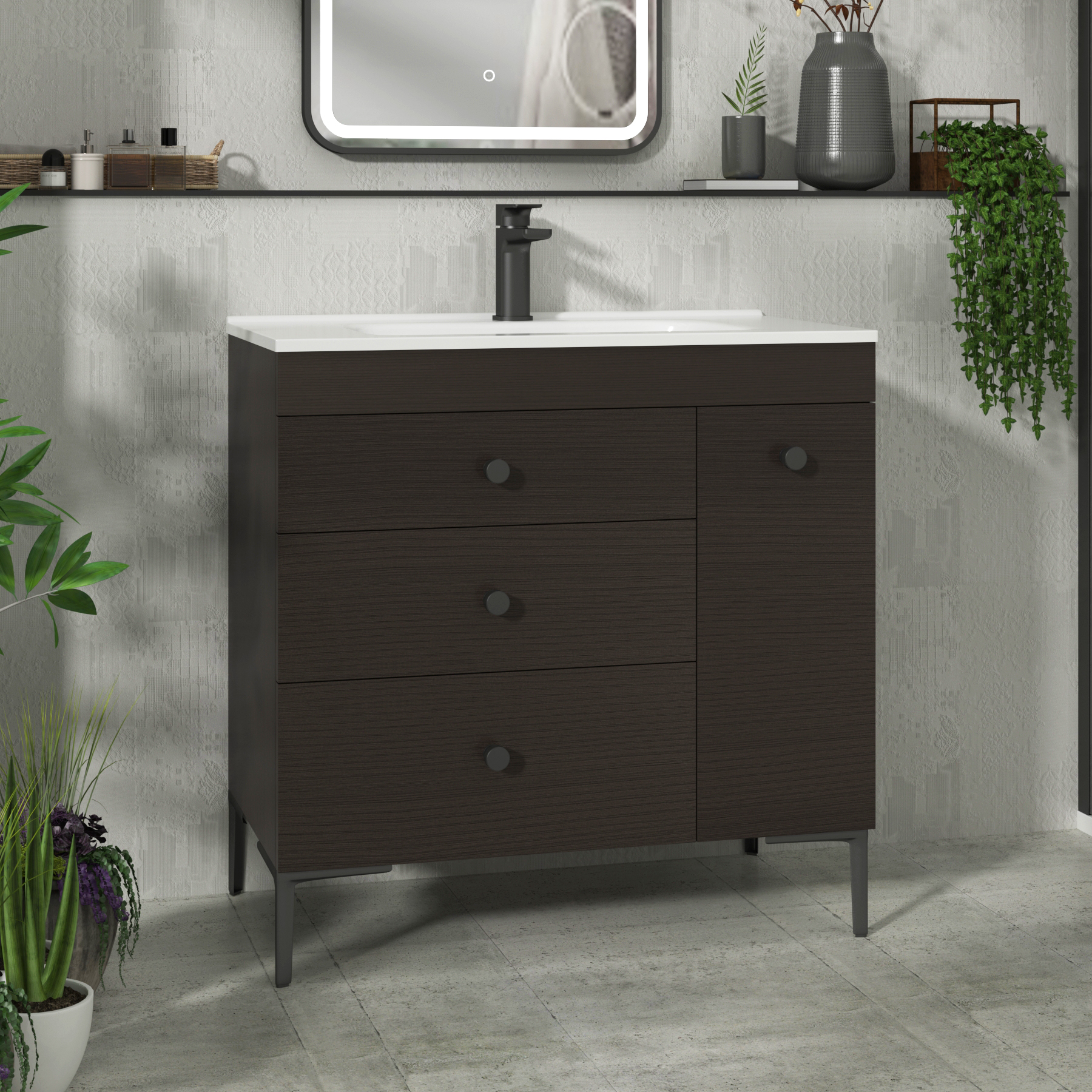 Verona 800mm Walnut Woodgrain Floor Standing Vanity Unit 3 Drawer & Side Pull Out Storage with Optional Basin & Various Knobs