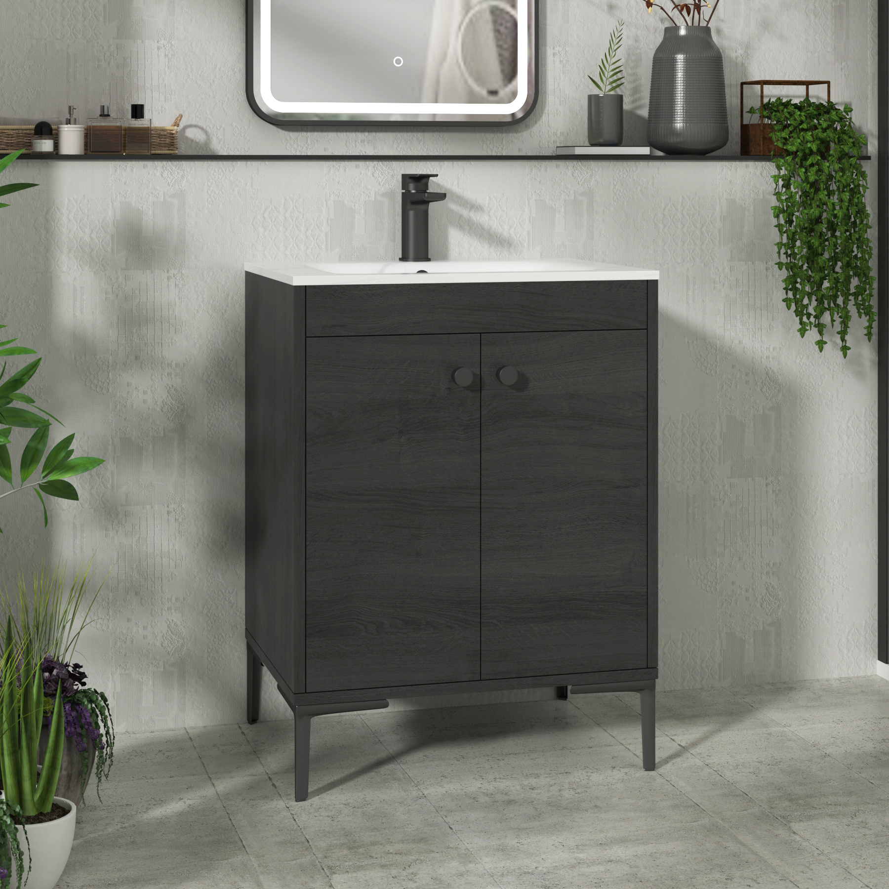 Verona 600mm Black Woodgrain Floor Standing Vanity Unit 2 Door with Optional Basin & Knob