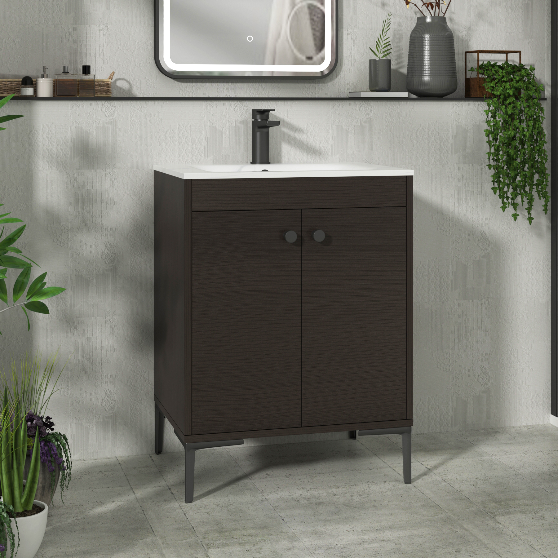 Verona 600mm Walnut Woodgrain Floor Standing Vanity Unit 2 Door with Optional Basin & Knob