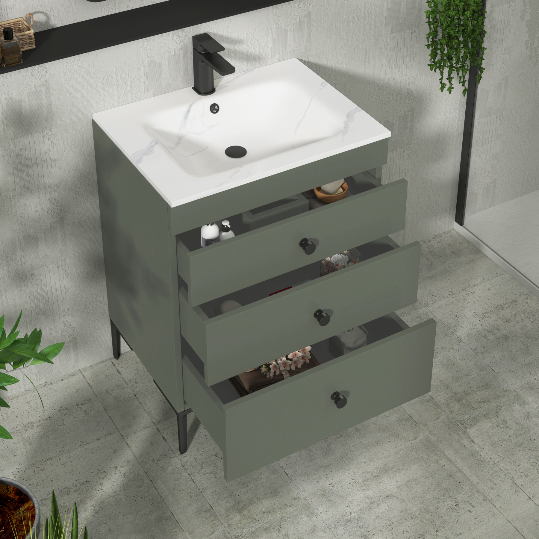 Verona 600mm Matt Green Floor Standing 3 Drawer Vanity Unit with Optional Basin & Knob