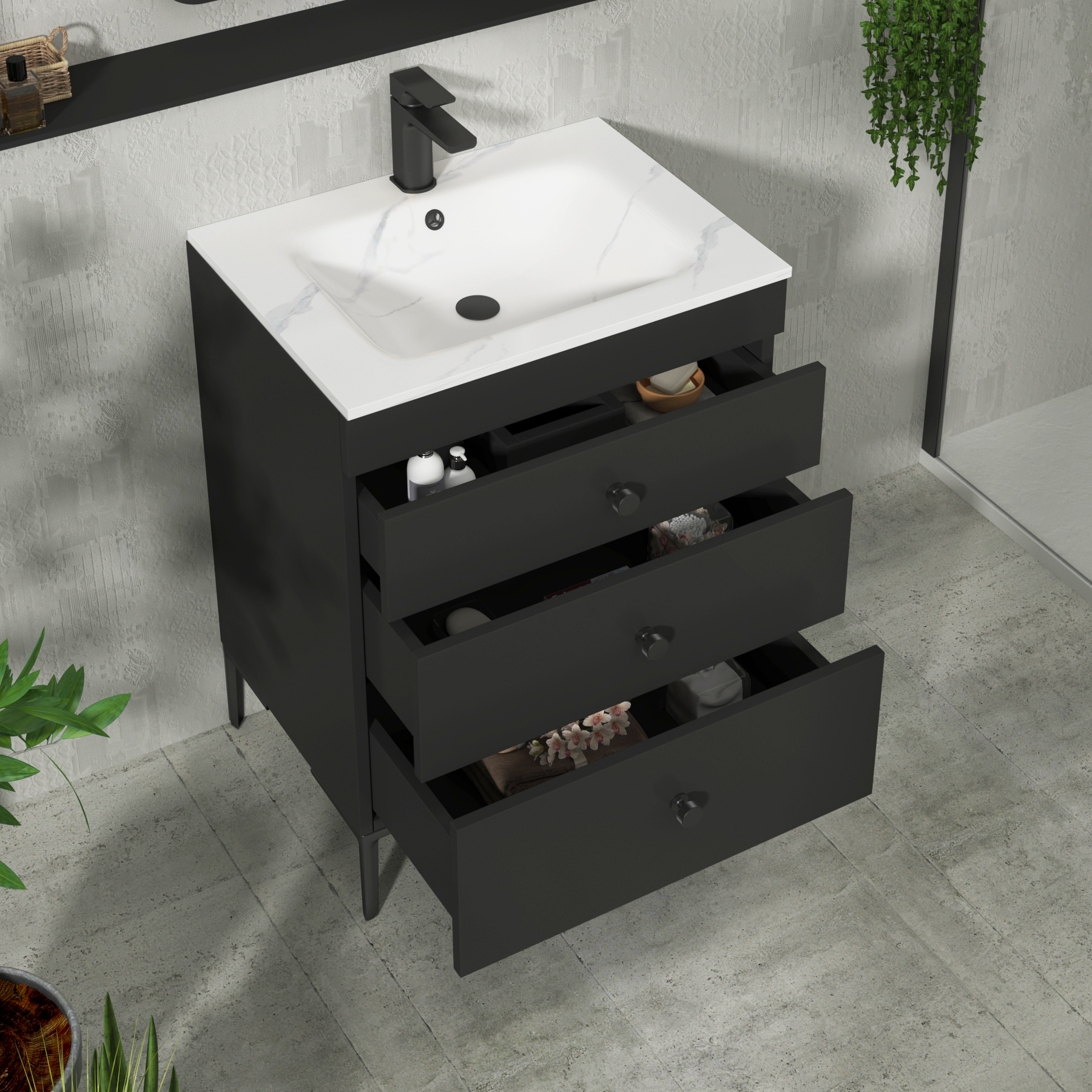Verona 600mm Matt Black Floor Standing 3 Drawer Vanity Unit with Optional Basin & Knob