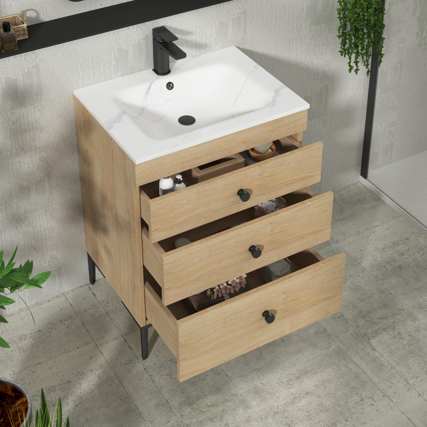 Verona 600mm Natural Oak Floor Standing 3 Drawer Vanity Unit with Optional Basin & Knob