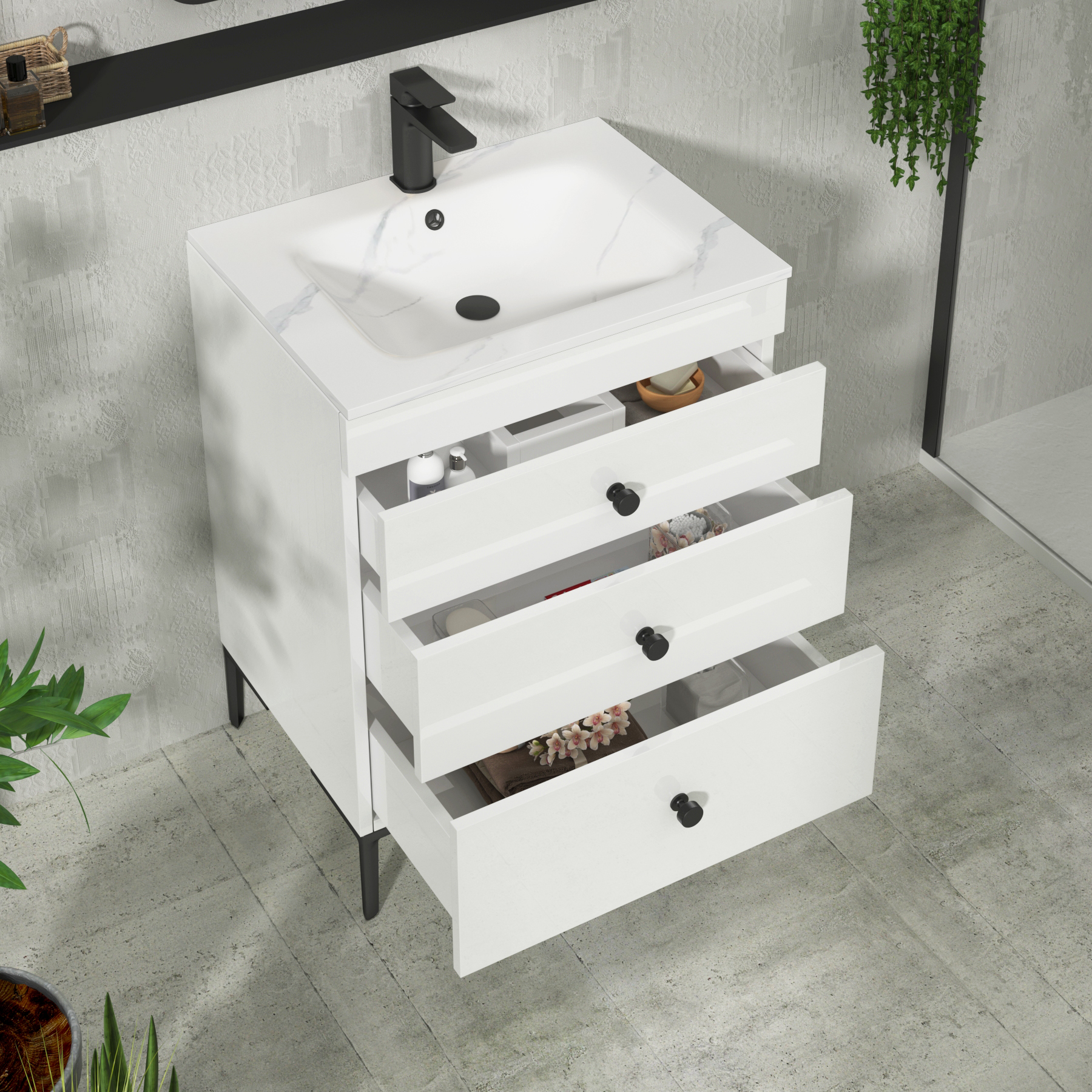 Verona 600mm Gloss White Floor Standing 3 Drawer Vanity Unit with Optional Basin & Knob