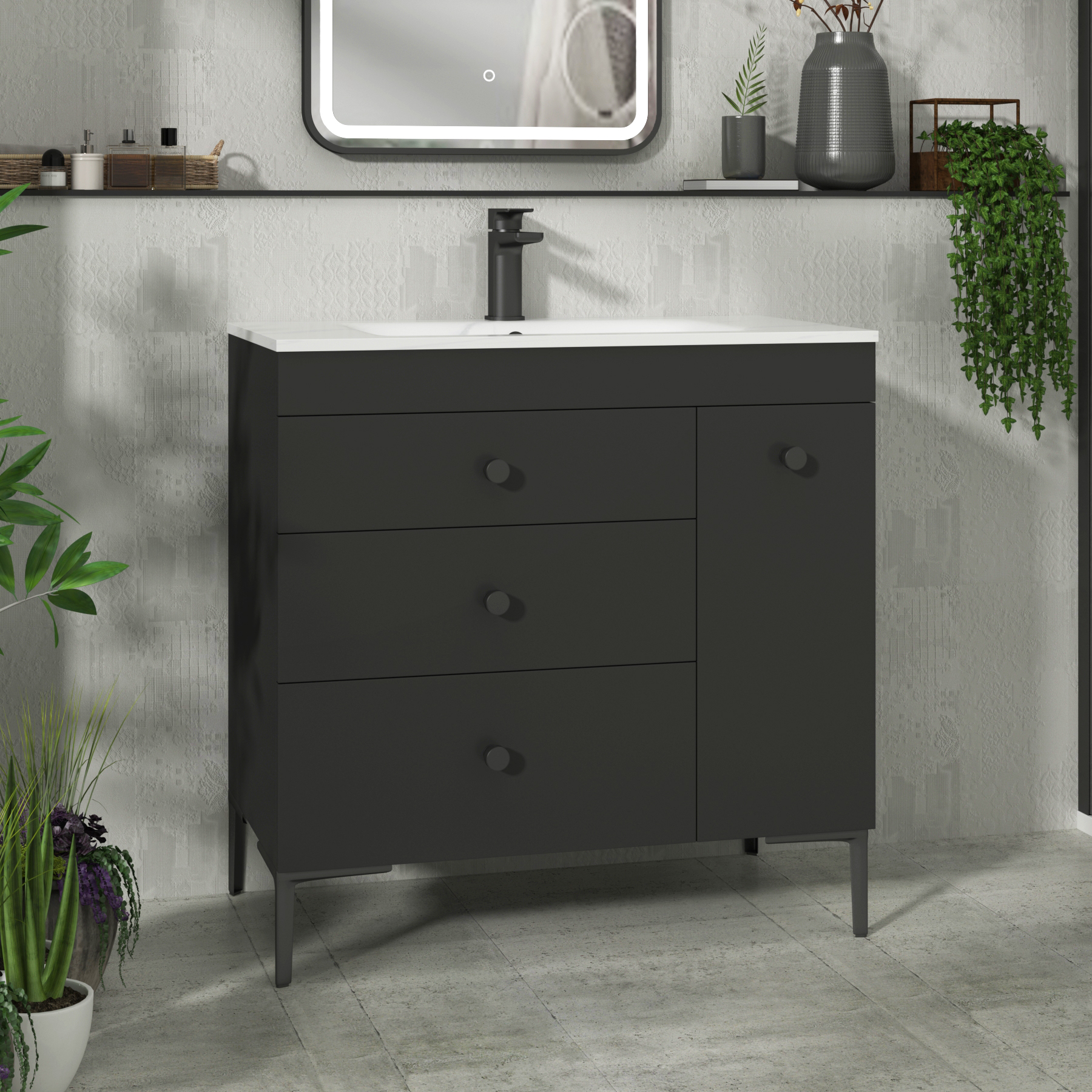 Verona 800mm Matt Black Floor Standing Vanity Unit 3 Drawer & Side Pull Out Storage with Optional Basin & Various Knobs