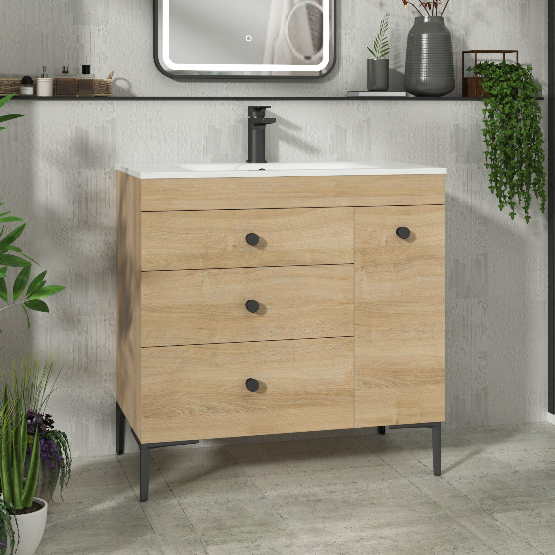 Verona 800mm Natural Oak Floor Standing Vanity Unit 3 Drawer & Side Pull Out Storage with Optional Basin & Various Knobs