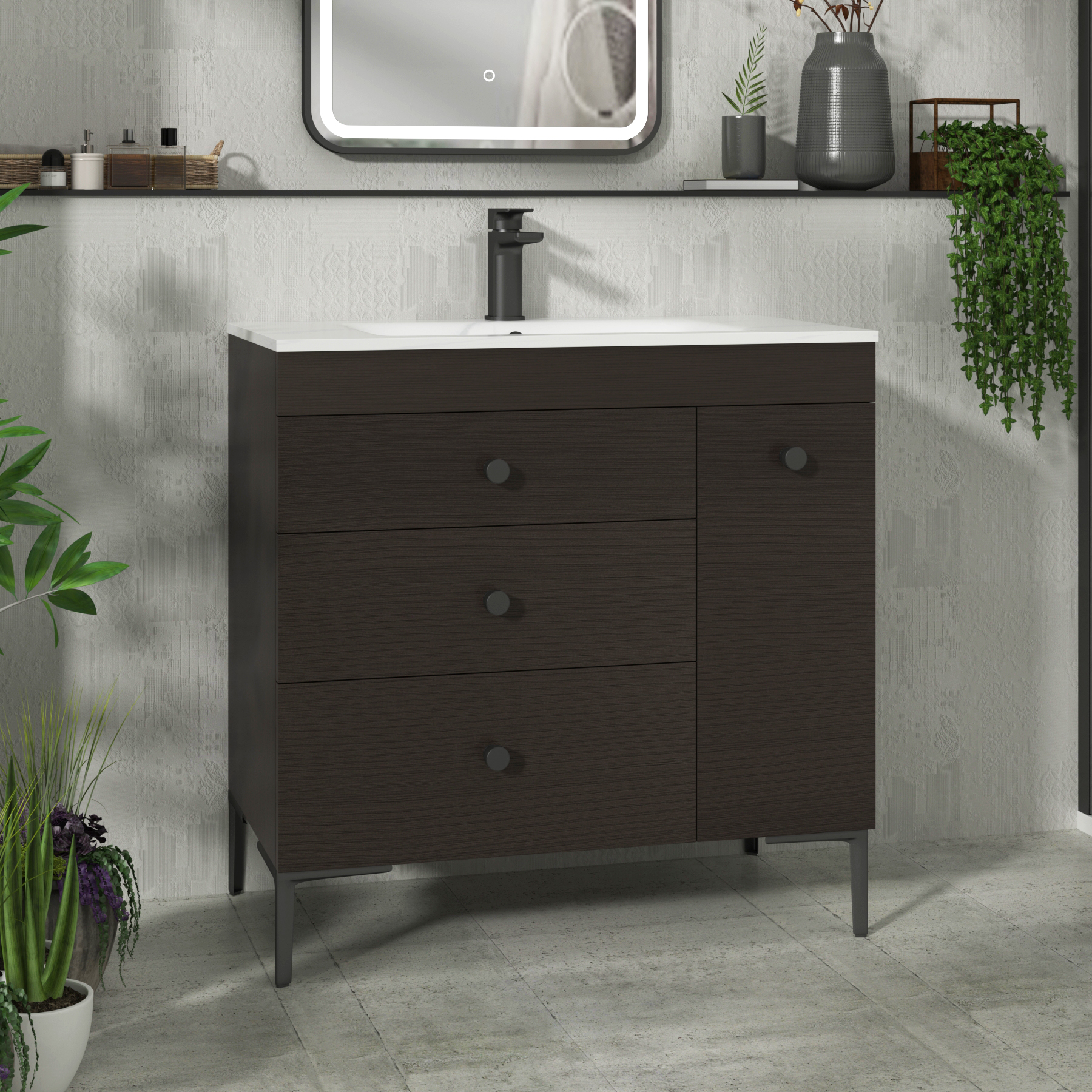 Verona 800mm Walnut Woodgrain Floor Standing Vanity Unit 3 Drawer & Side Pull Out Storage with Optional Basin & Various Knobs