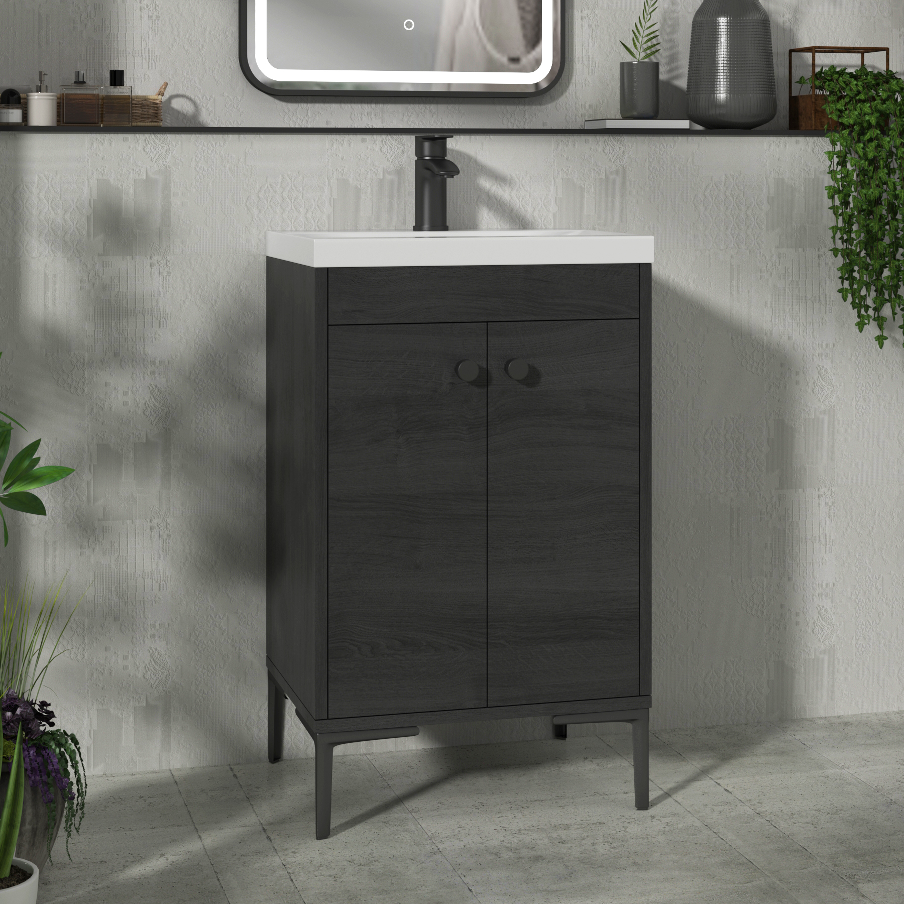 Verona 500mm Black Woodgrain Floor Standing Vanity Unit 2 Door with Optional Basin & Knob