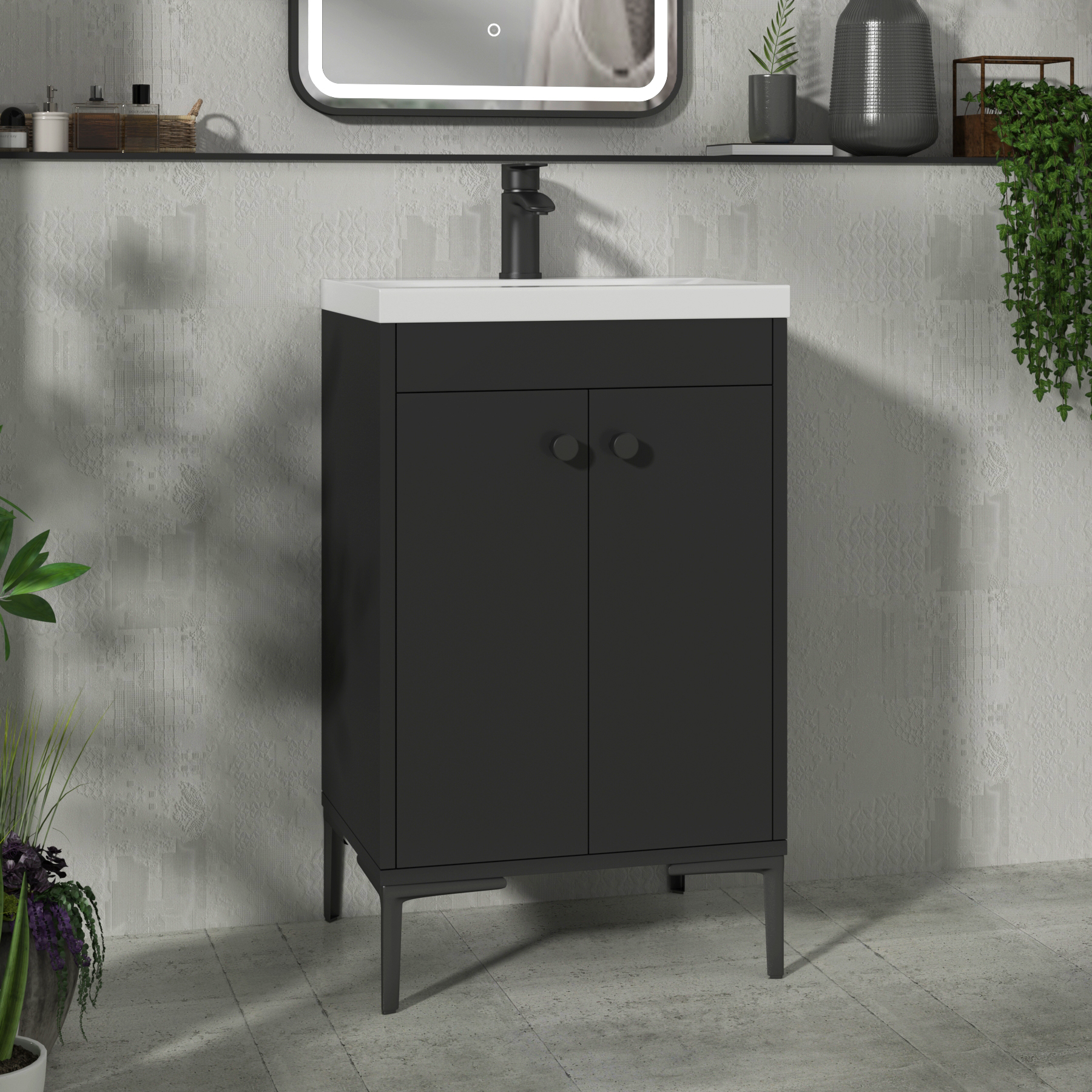 Verona 500mm Matt Black Floor Standing Vanity Unit 2 Door with Optional Basin & Knob