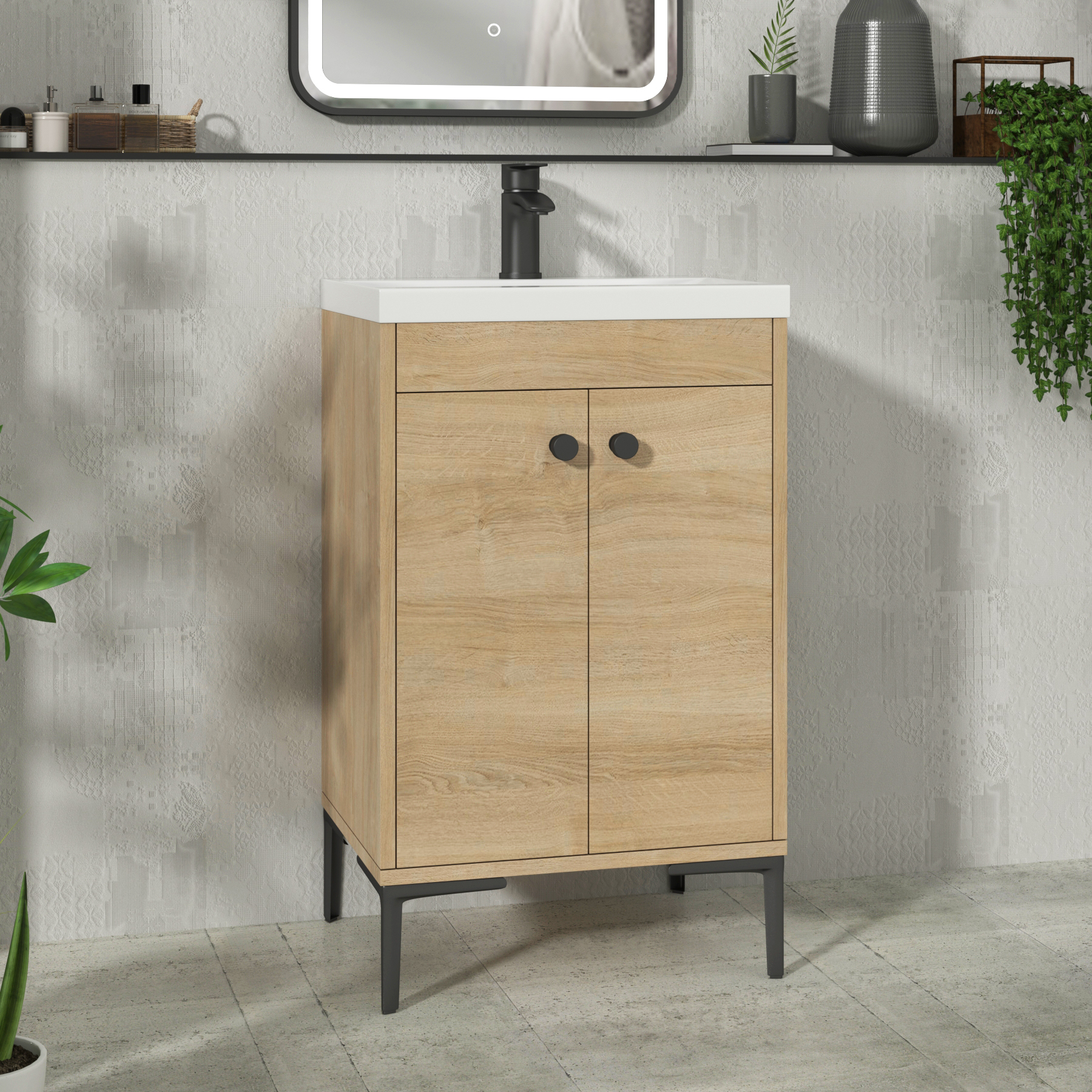 Verona 500mm Natural Oak Floor Standing Vanity Unit 2 Door with Optional Basin & Knob