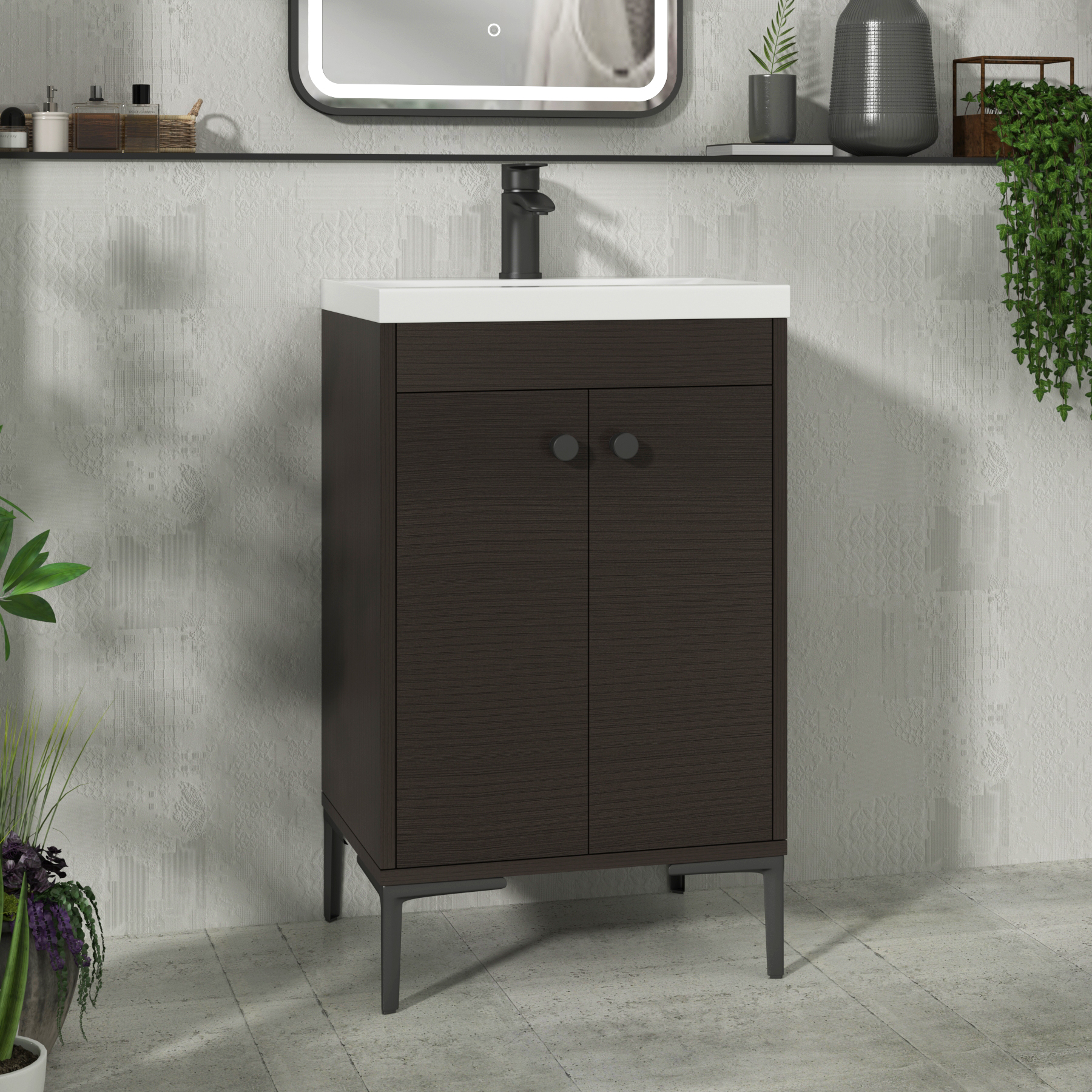Verona 500mm Walnut Woodgrain Floor Standing Vanity Unit 2 Door with Optional Basin & Knob