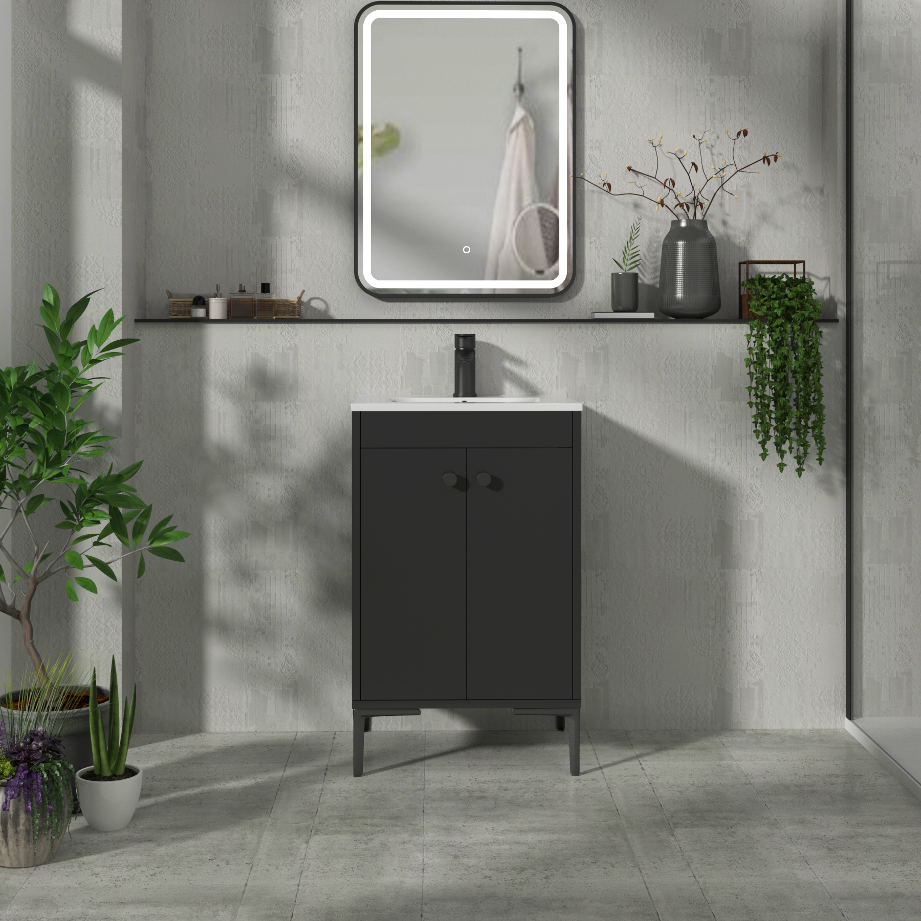 Verona 500mm Matt Black Floor Standing Vanity Unit 2 Door with Optional Basin & Knob