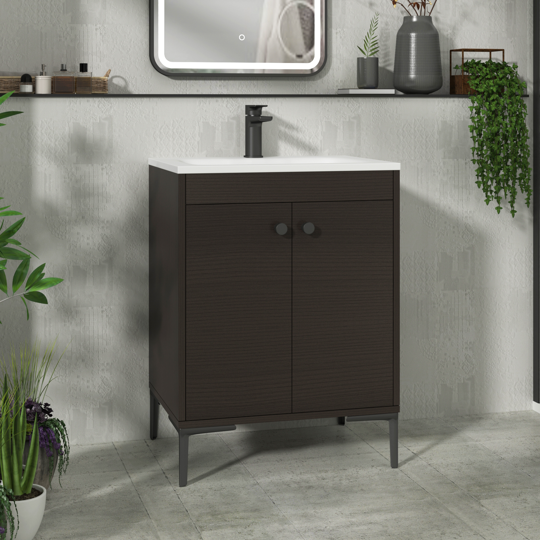 Verona 600mm Walnut Woodgrain Floor Standing Vanity Unit 2 Door with Optional Basin & Knob