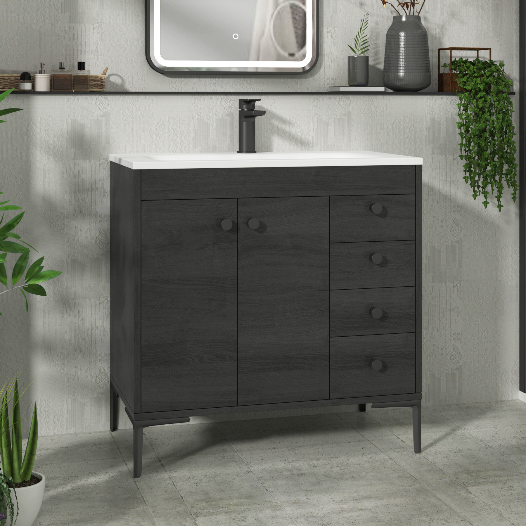 Verona 800mm Black Woodgrain Floor Standing Vanity Unit 2 Door & 4 Drawer Cabinet with Optional Basin & Knob