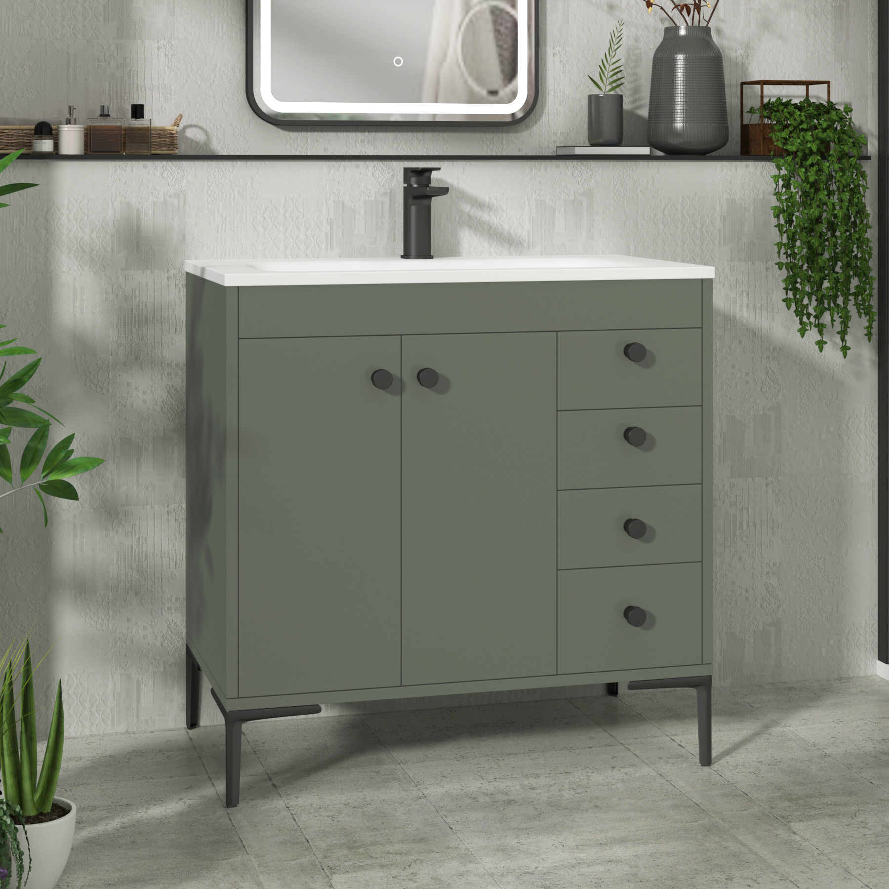 Verona 800mm Matt Green Floor Standing Vanity Unit 2 Door & 4 Drawer Cabinet with Optional Basin & Knob
