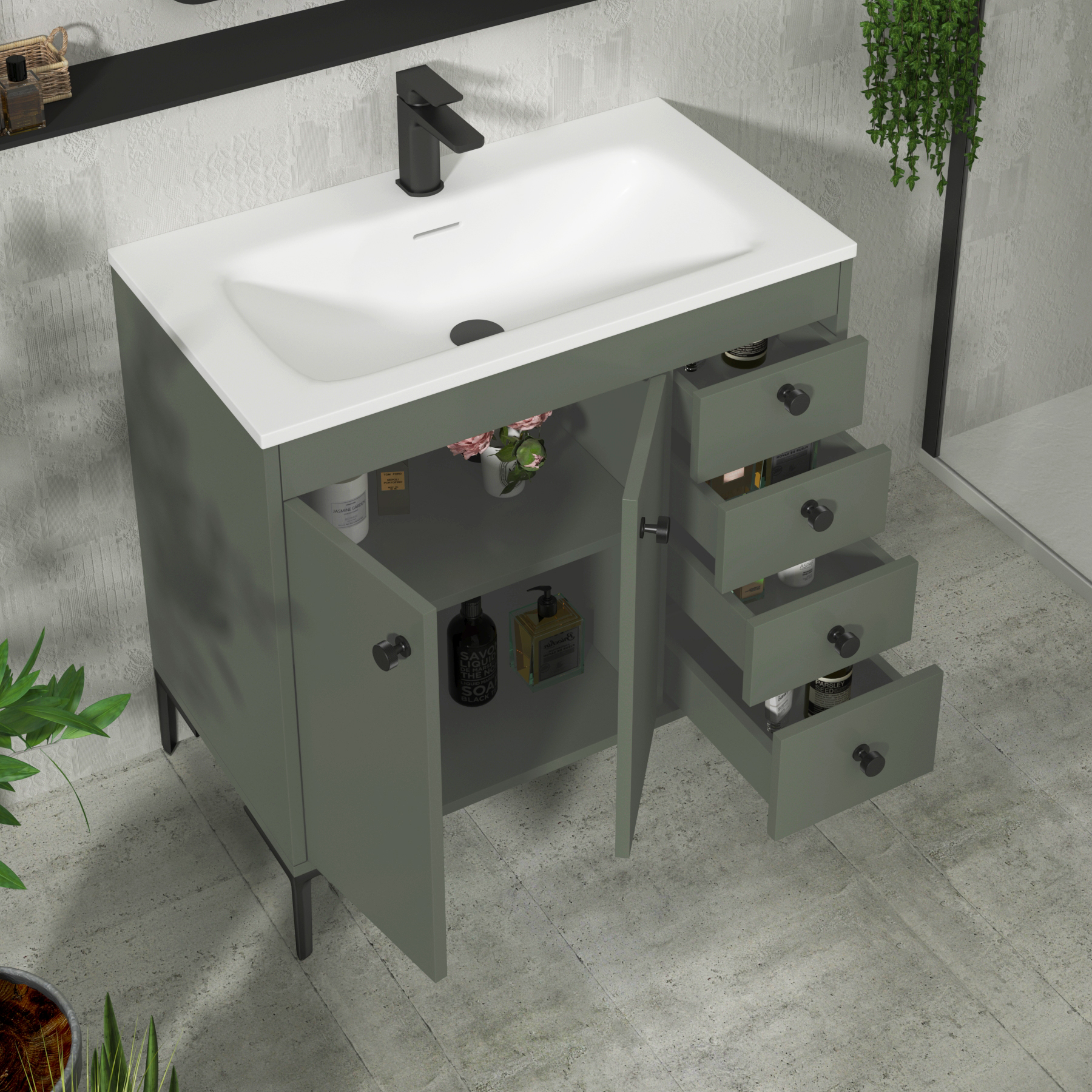 Verona 800mm Matt Green Floor Standing Vanity Unit 2 Door & 4 Drawer Cabinet with Optional Basin & Knob