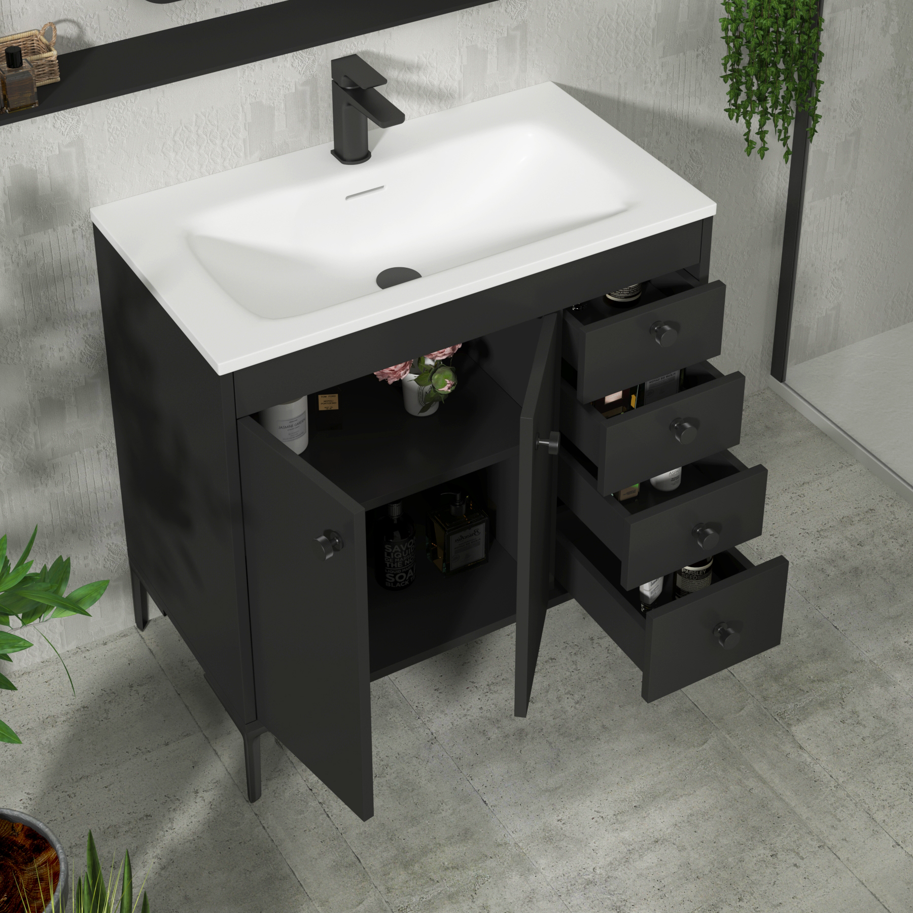 Verona 800mm Matt Black Floor Standing Vanity Unit 2 Door & 4 Drawer Cabinet with Optional Basin & Knob
