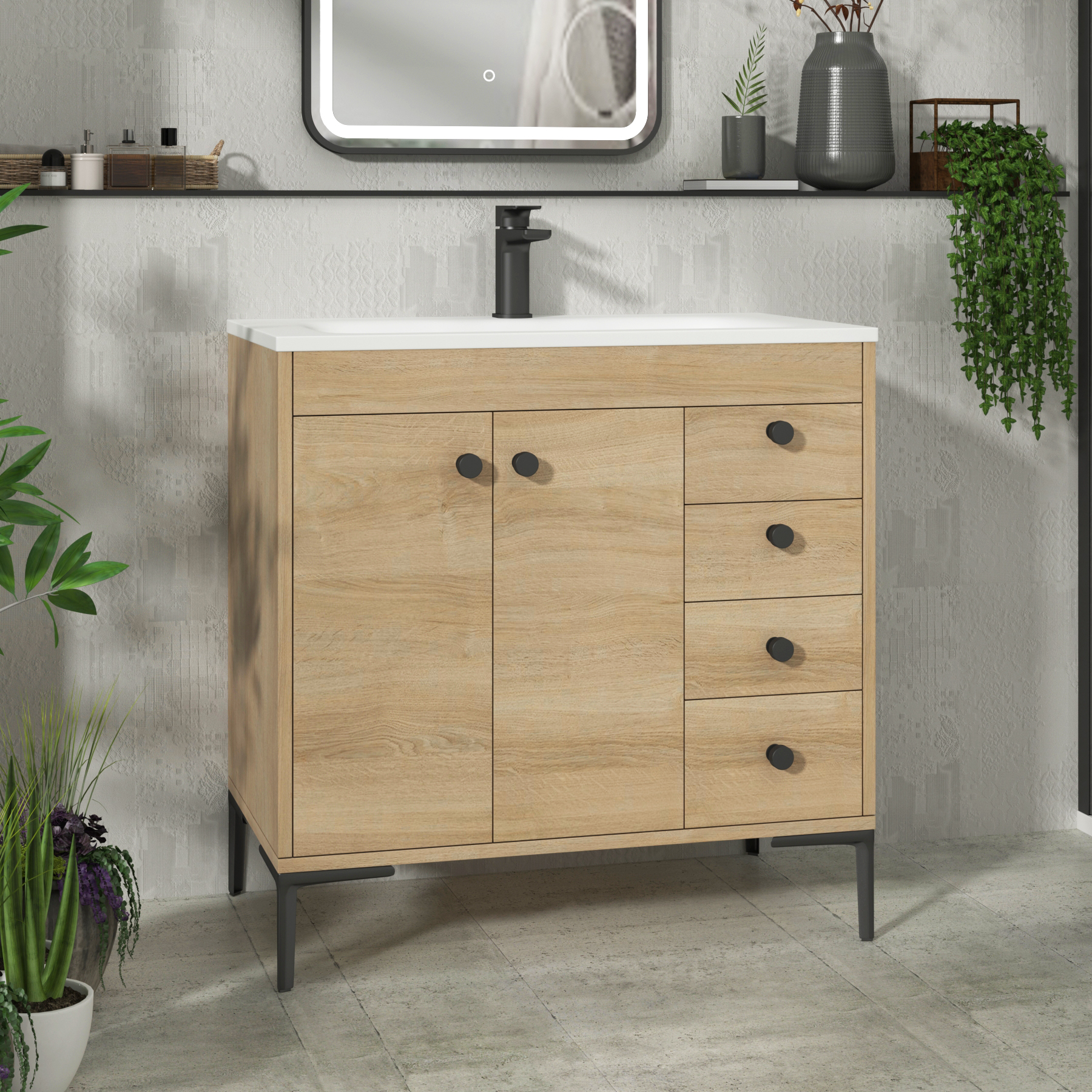 Verona 800mm Natural Oak Floor Standing Vanity Unit 2 Door & 4 Drawer Cabinet with Optional Basin & Knob