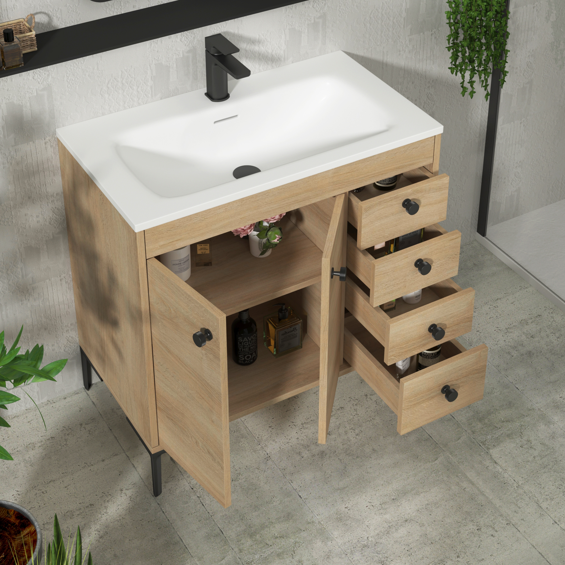 Verona 800mm Natural Oak Floor Standing Vanity Unit 2 Door & 4 Drawer Cabinet with Optional Basin & Knob