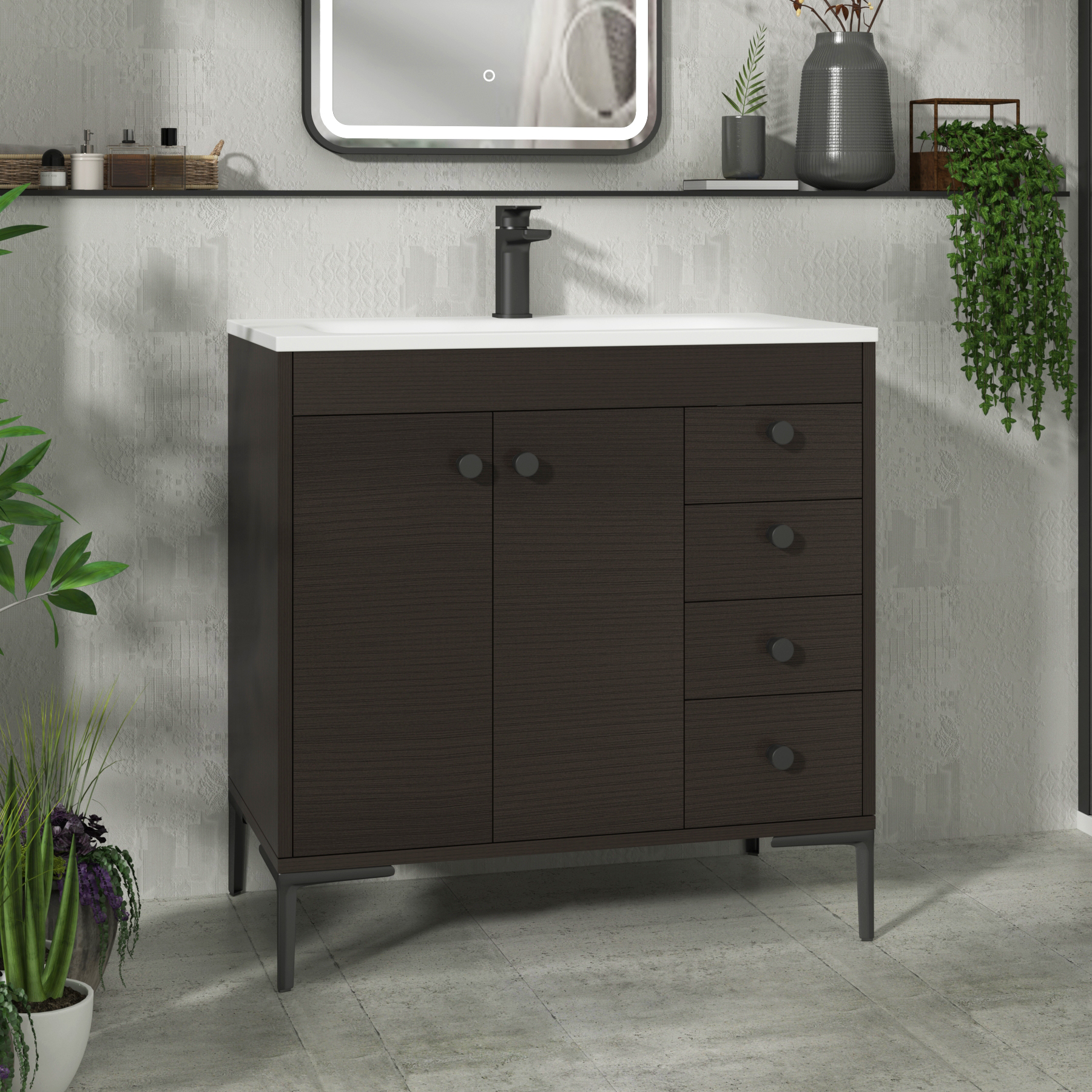 Verona 800mm Walnut Woodgrain Floor Standing Vanity Unit 2 Door & 4 Drawer Cabinet with Optional Basin & Knob