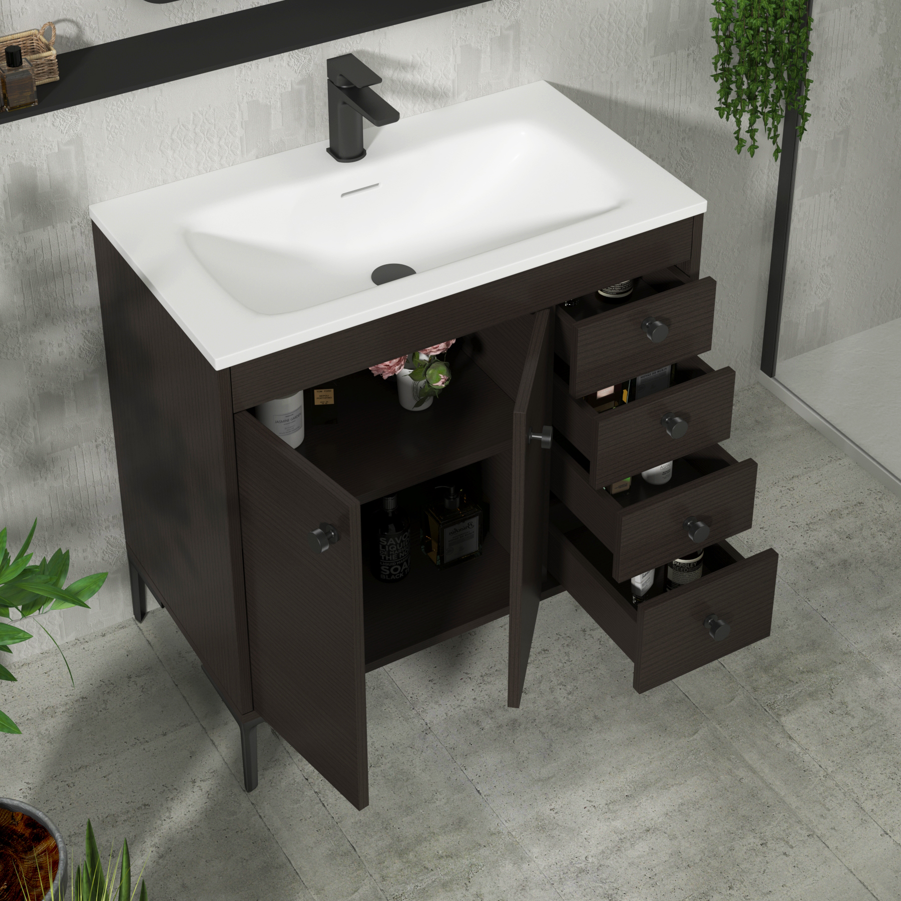 Verona 800mm Walnut Woodgrain Floor Standing Vanity Unit 2 Door & 4 Drawer Cabinet with Optional Basin & Knob