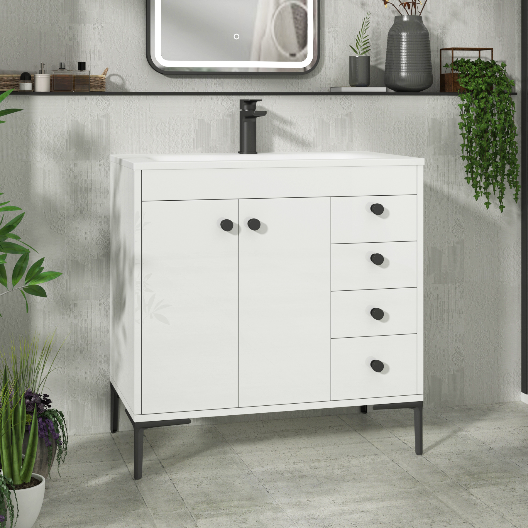 Verona 800mm Gloss White Floor Standing Vanity Unit 2 Door & 4 Drawer Cabinet with Optional Basin & Knob