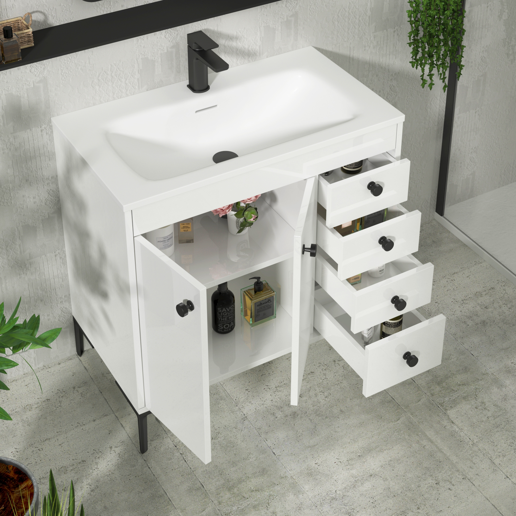 Verona 800mm Gloss White Floor Standing Vanity Unit 2 Door & 4 Drawer Cabinet with Optional Basin & Knob