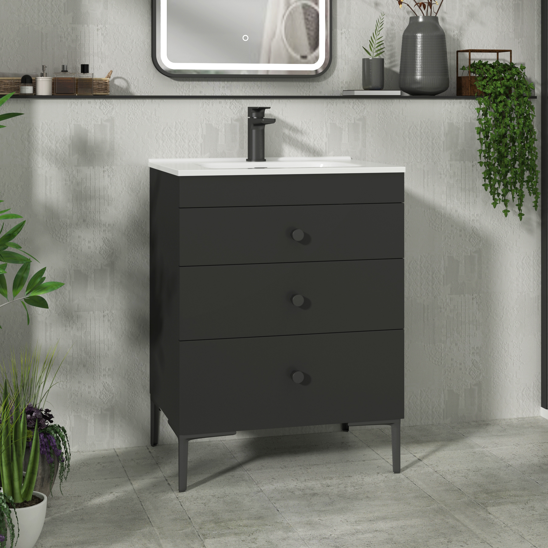 Verona 600mm Matt Black Floor Standing 3 Drawer Vanity Unit with Optional Basin & Knob