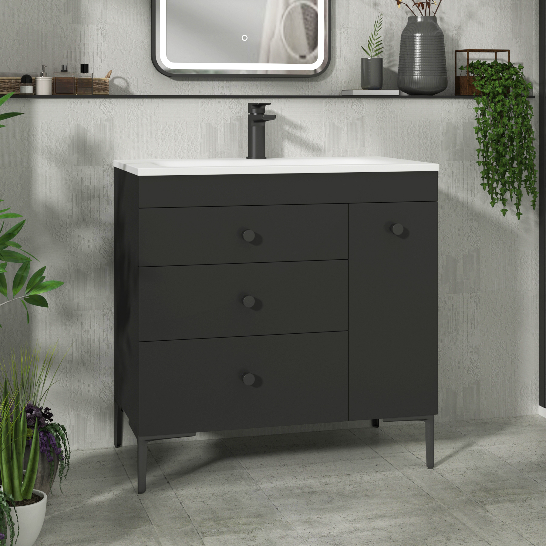 Verona 800mm Matt Black Floor Standing Vanity Unit 3 Drawer & Side Pull Out Storage with Optional Basin & Various Knobs