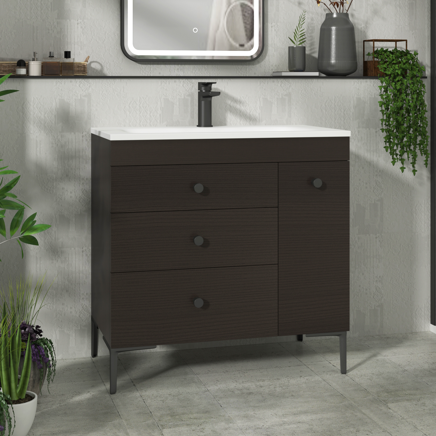 Verona 800mm Walnut Woodgrain Floor Standing Vanity Unit 3 Drawer & Side Pull Out Storage with Optional Basin & Various Knobs