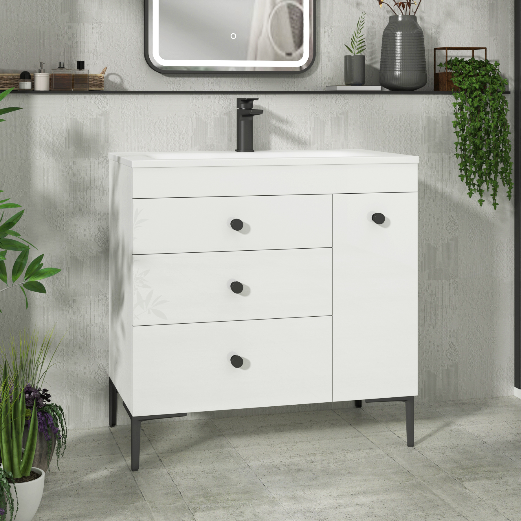 Verona 800mm Gloss White Floor Standing Vanity Unit 3 Drawer & Side Pull Out Storage with Optional Basin & Various Knobs