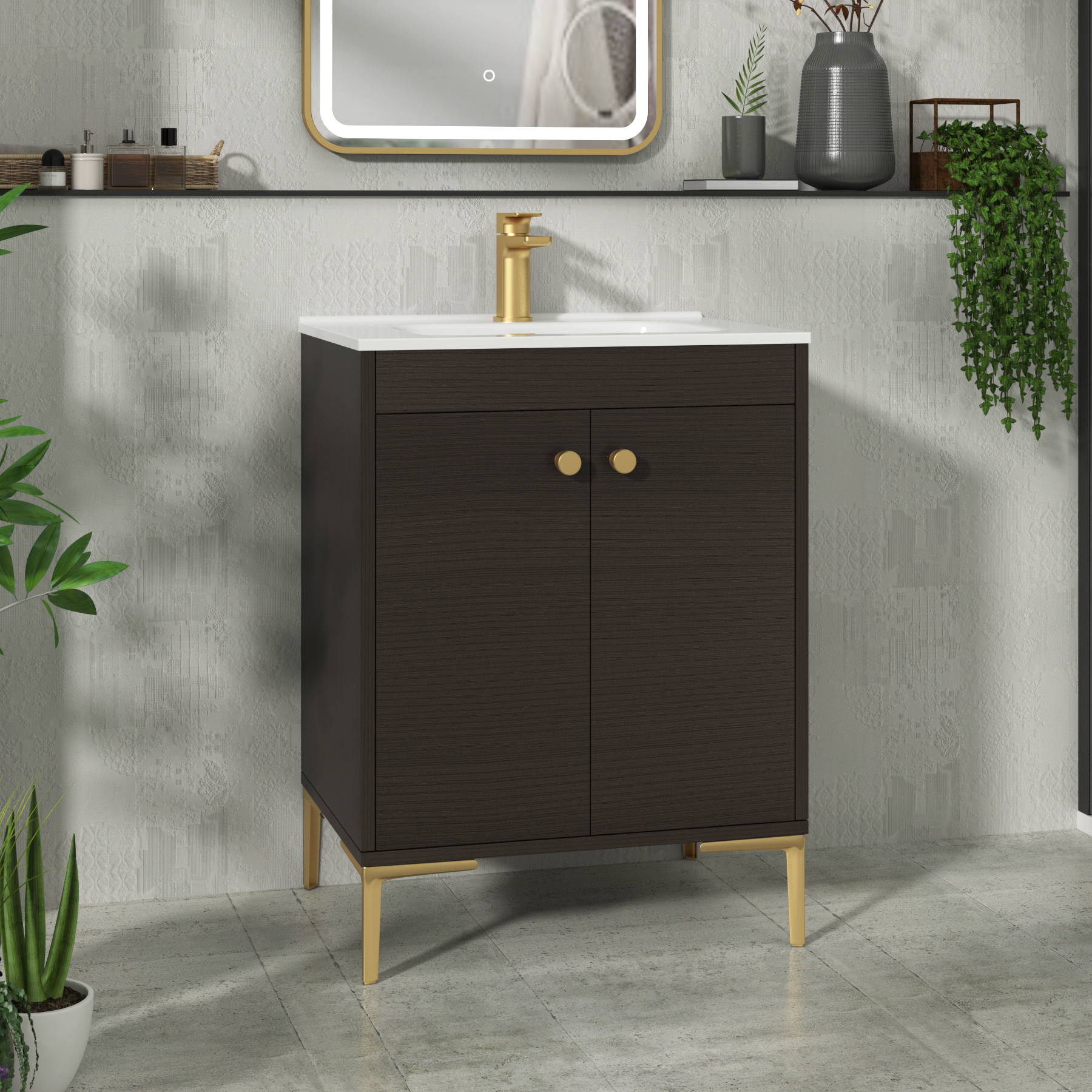 Verona 600mm Walnut Woodgrain Floor Standing Vanity Unit 2 Door with Optional Basin & Knob