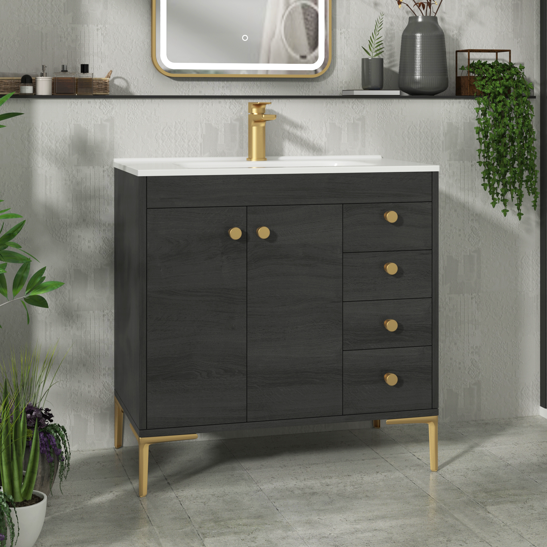 Verona 800mm Black Woodgrain Floor Standing Vanity Unit 2 Door & 4 Drawer Cabinet with Optional Basin & Knob